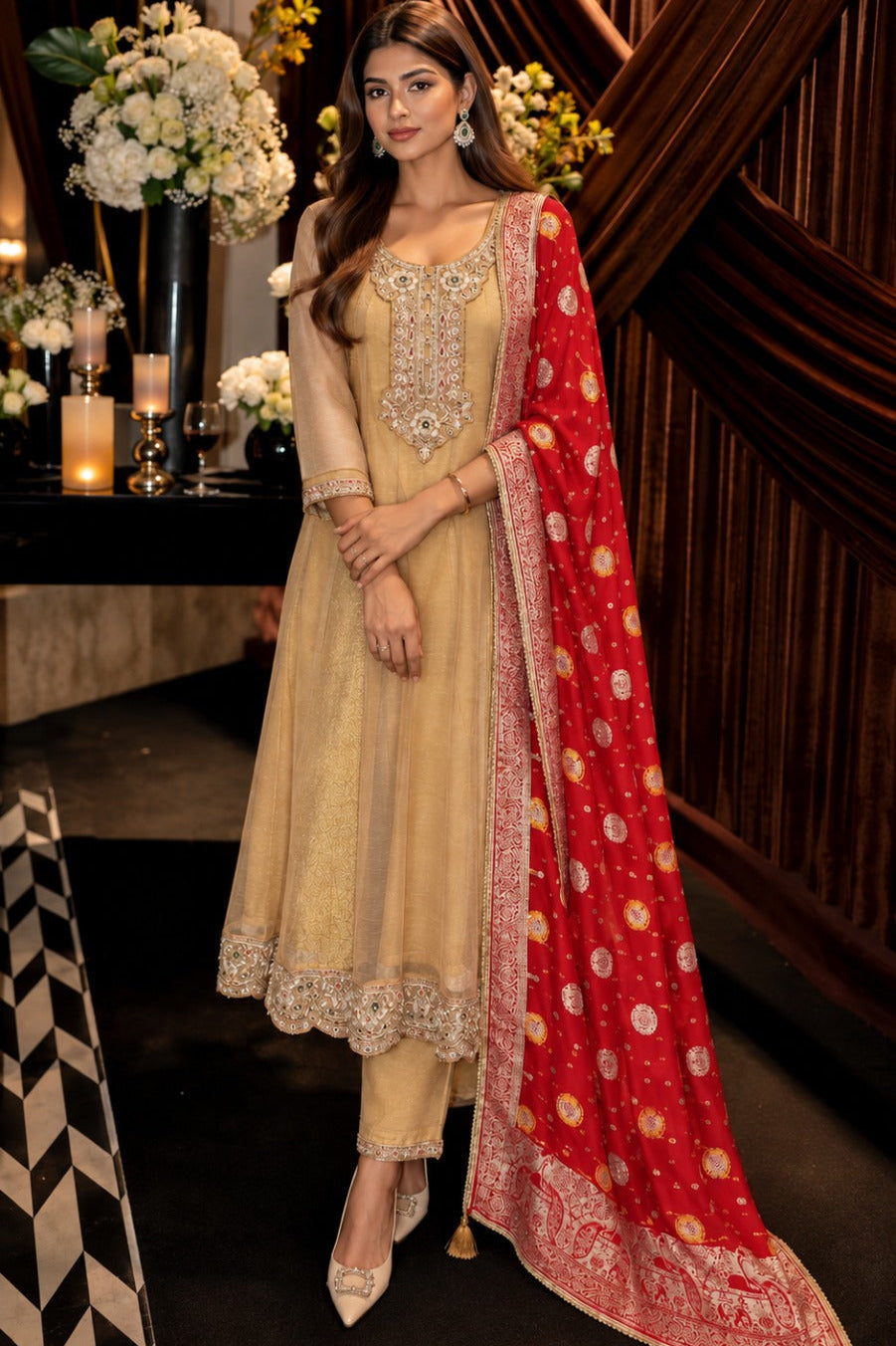 Golden Beige & Red Embellished Tissue Silk Anarkali Set