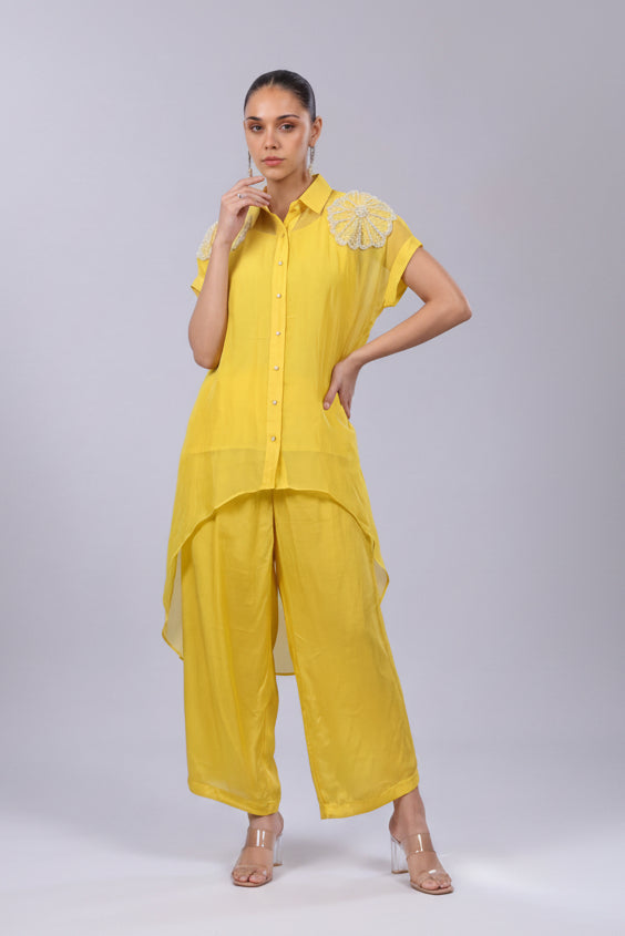 Bright Yellow Embellished Organza  Silk Co-Ord Set