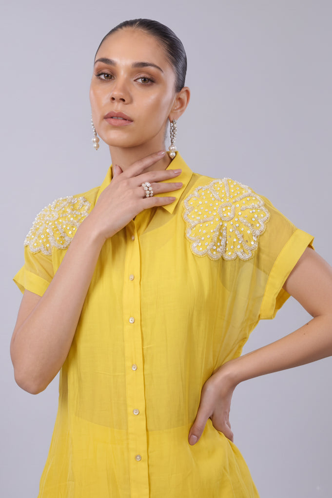 Bright Yellow Embellished Organza  Silk Co-Ord Set