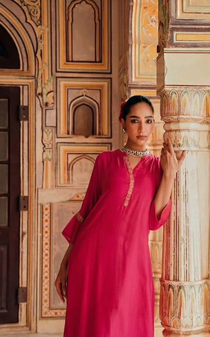 Rani Pink Embellished Tabby Silk Kurta Set