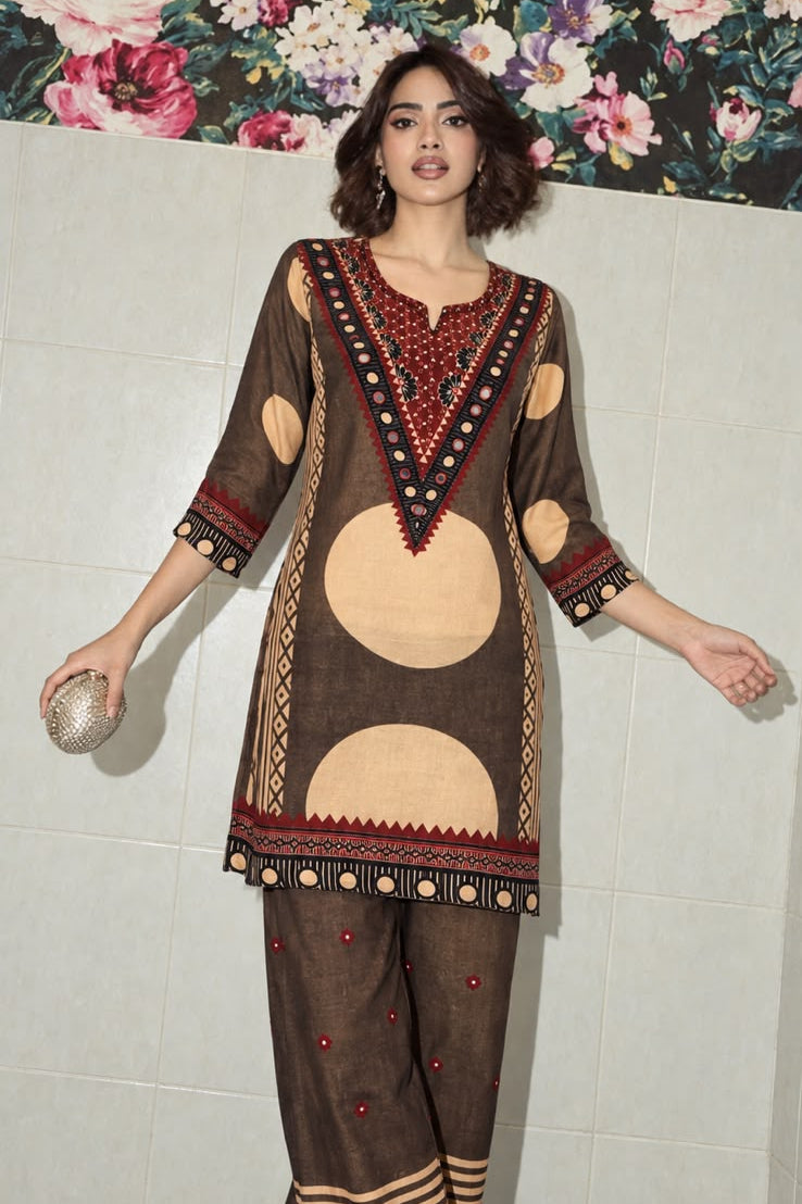 Brown Beige Printed Crepe Silk Co-Ord Set