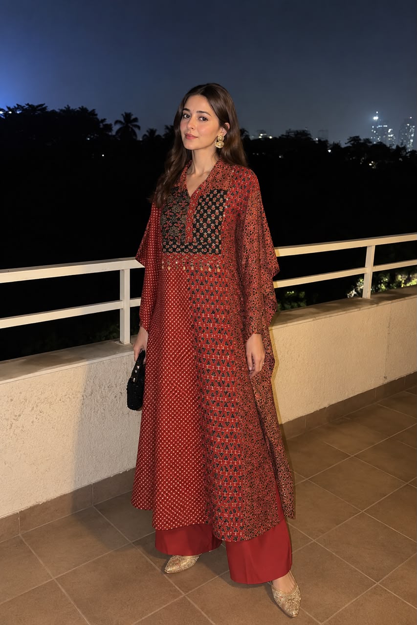 Brick Red Ajrakh Print Pure Cotton Kaftan Set