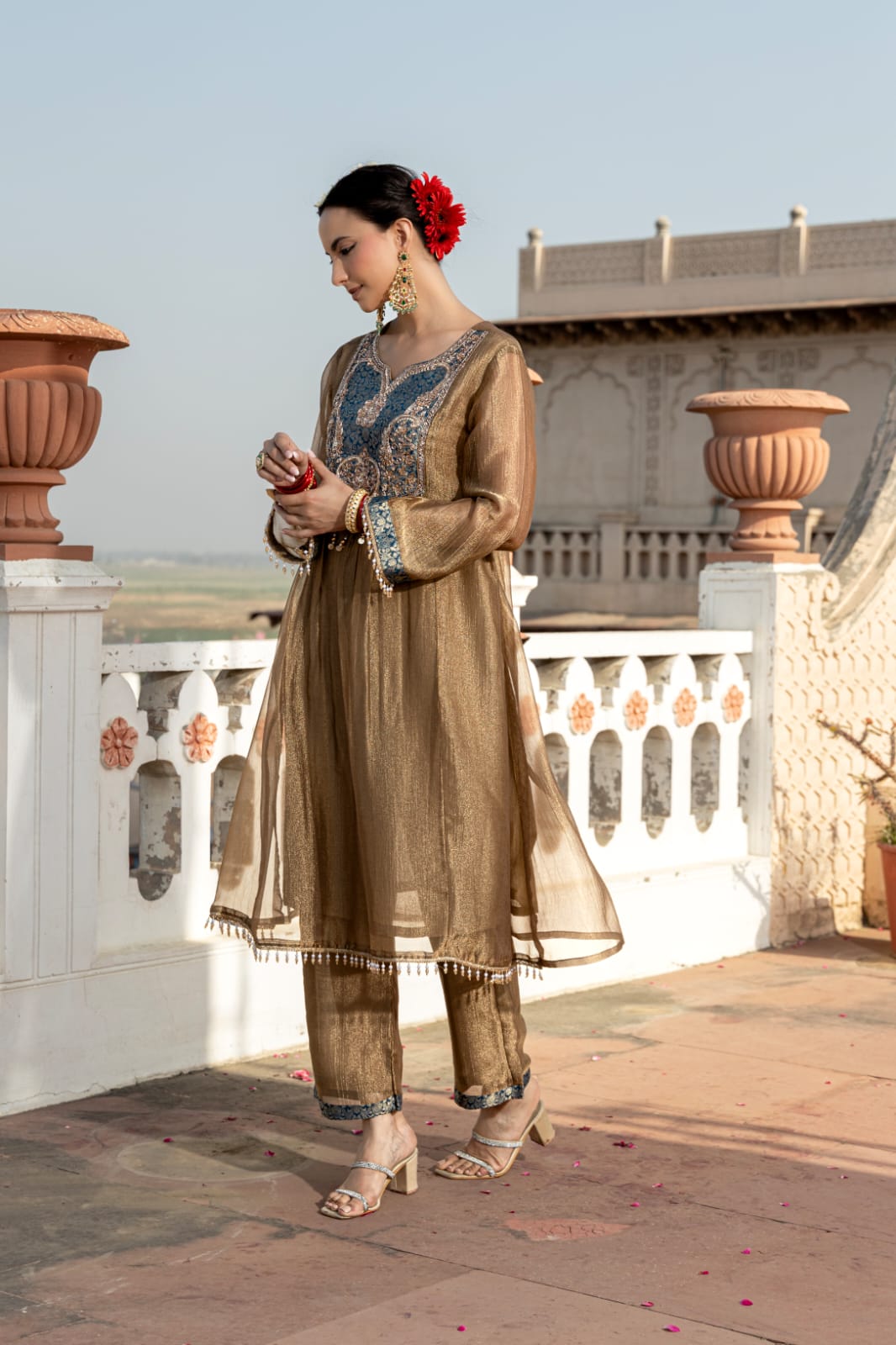Coffee Gold Embellished Tissue Silk Pant Set