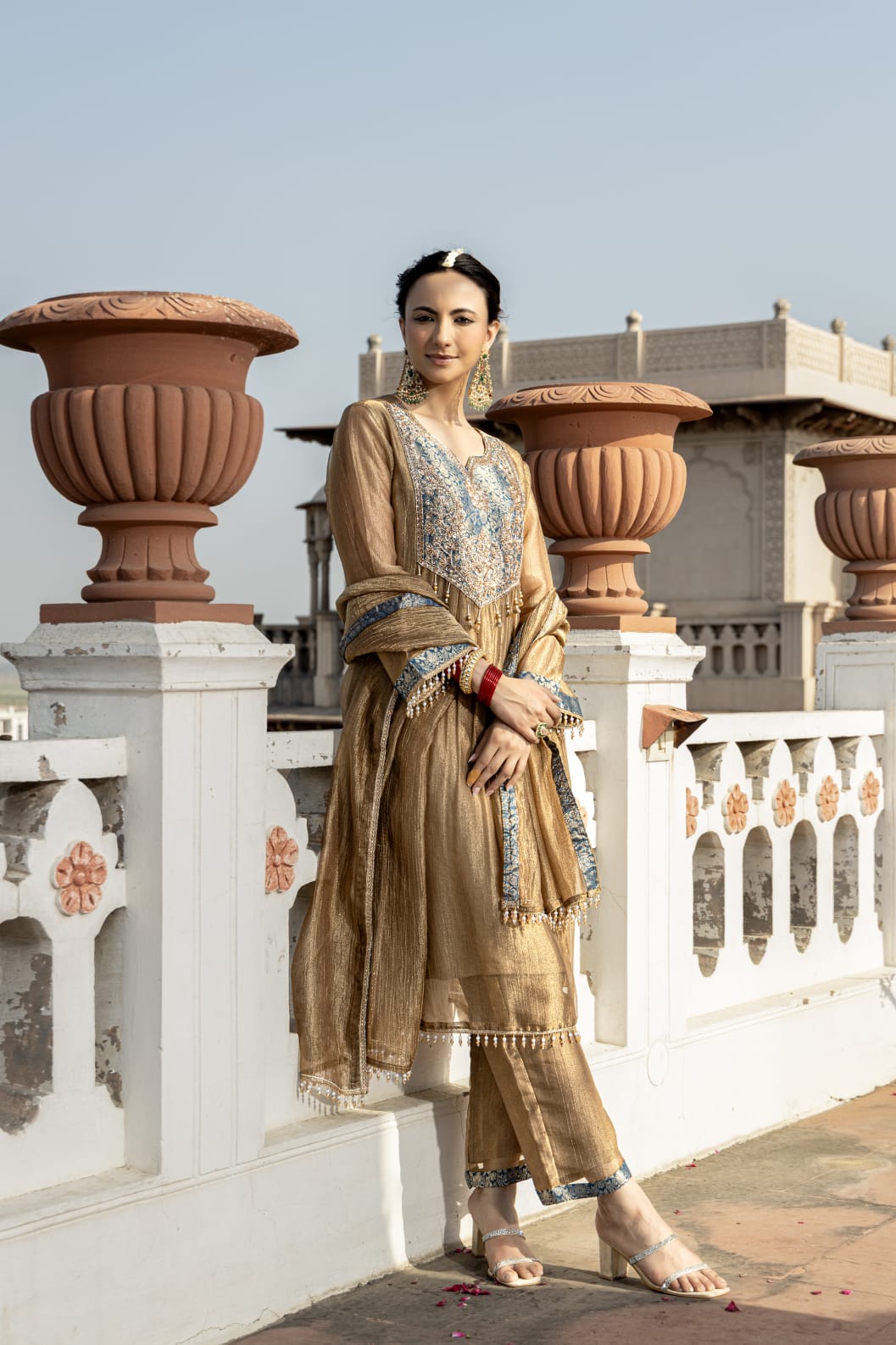 Coffee Gold Embellished Tissue Silk Pant Set