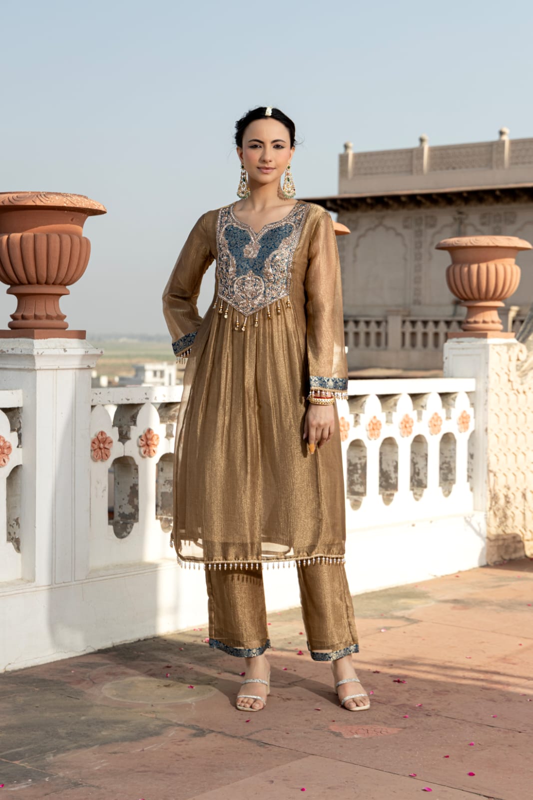 Coffee Gold Embellished Tissue Silk Pant Set