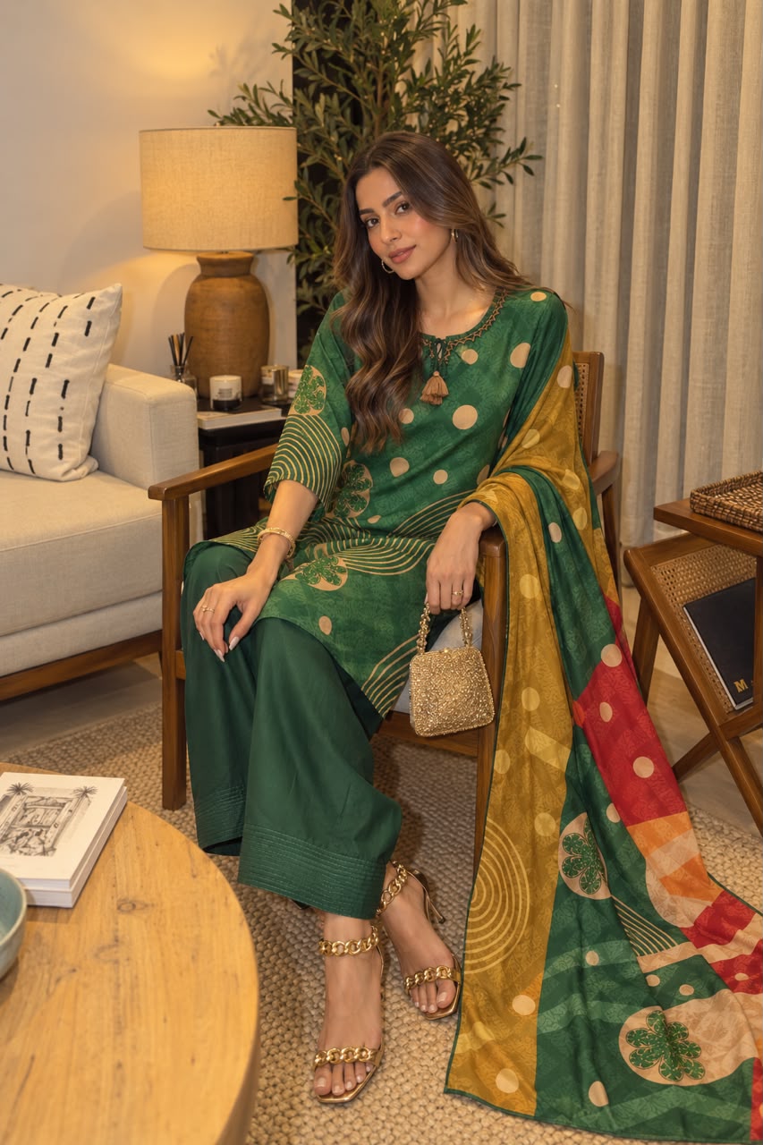 Forest Green Printed Crepe Silk Farshi Salwar Set