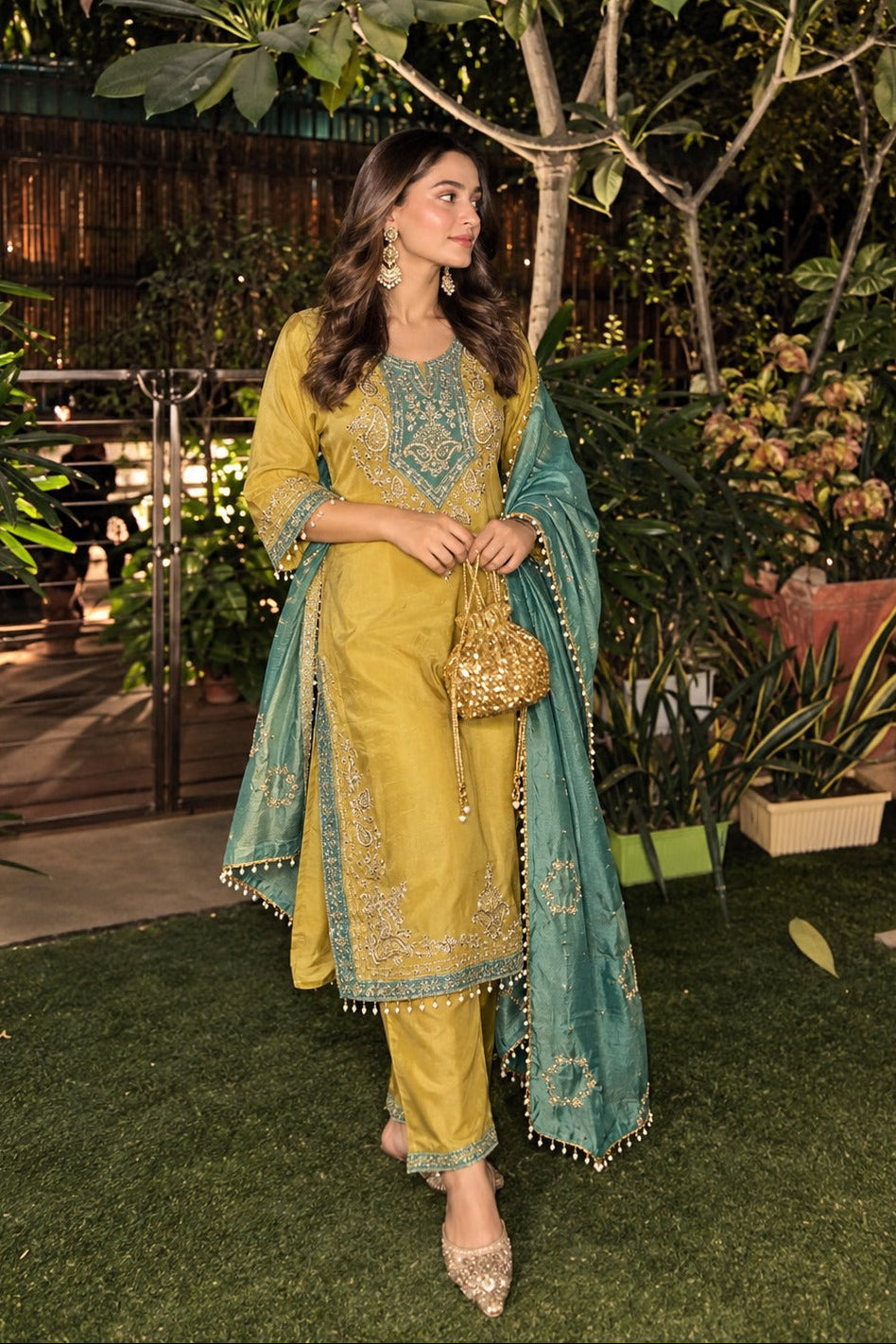 Mustard Yellow Embellished Tissue Silk Pant Set