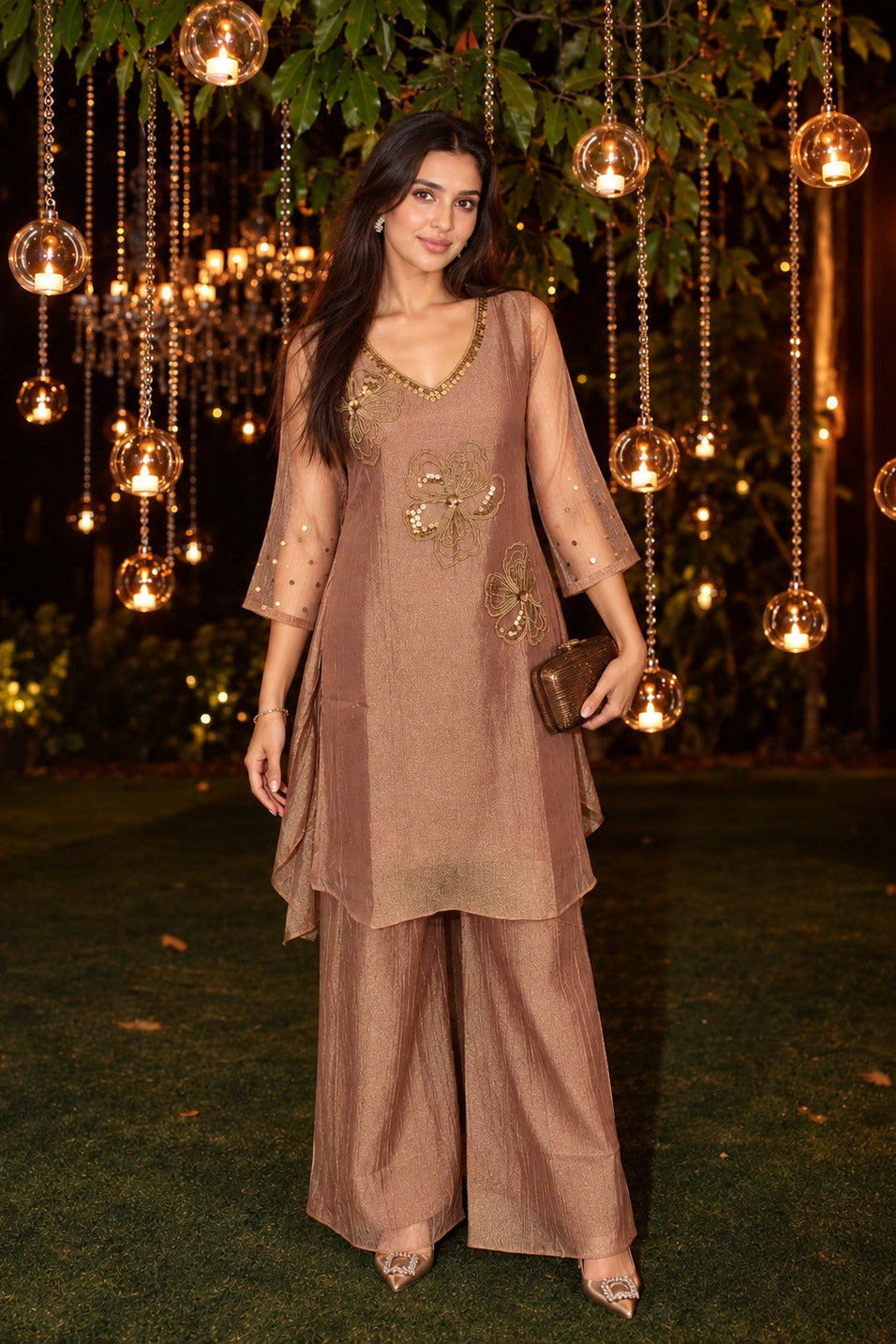 Dusty Rose Embellished Tissue Silk Palazzo Set