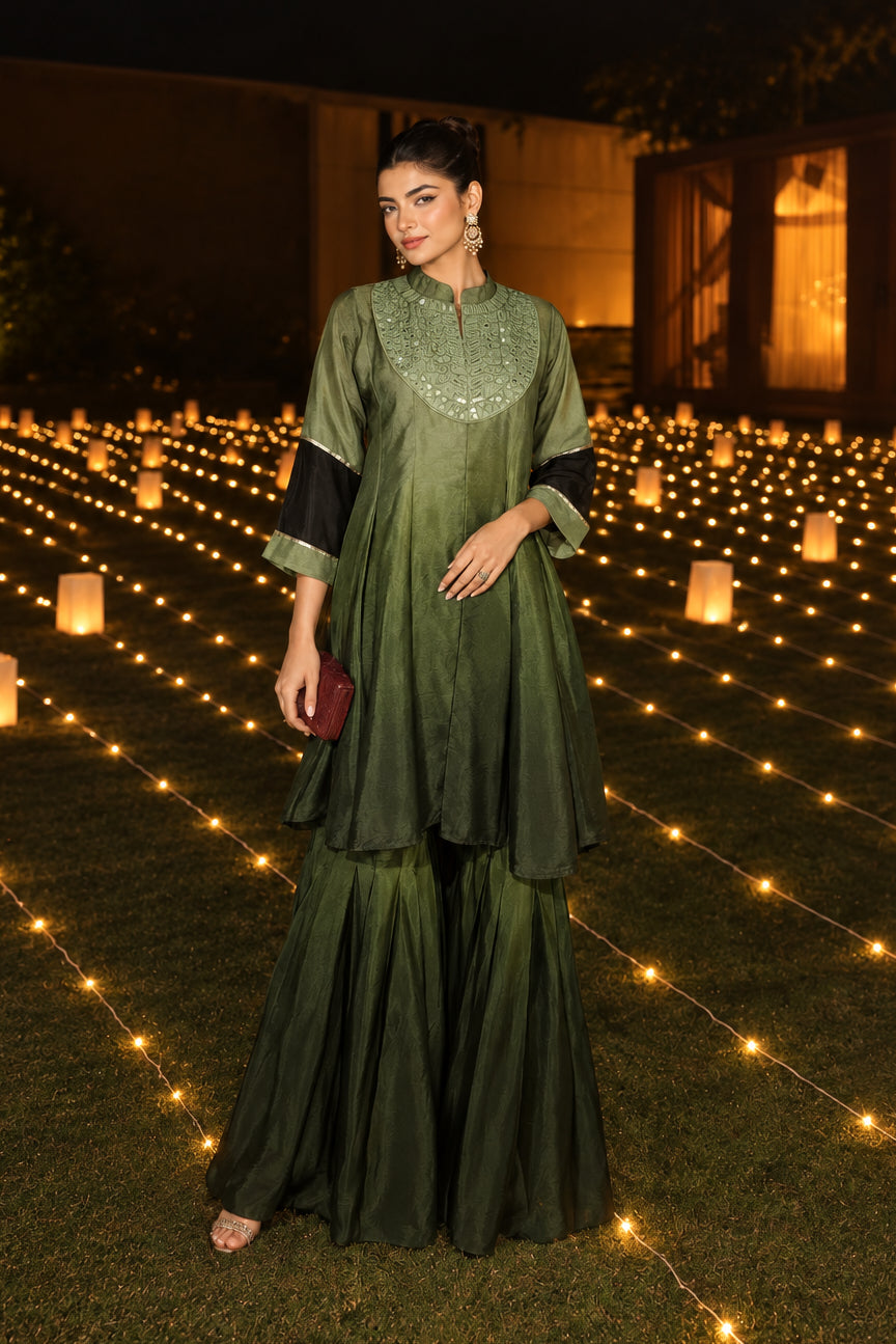Ombre Green Mul Chanderi Silk Mirror Co-ord Set