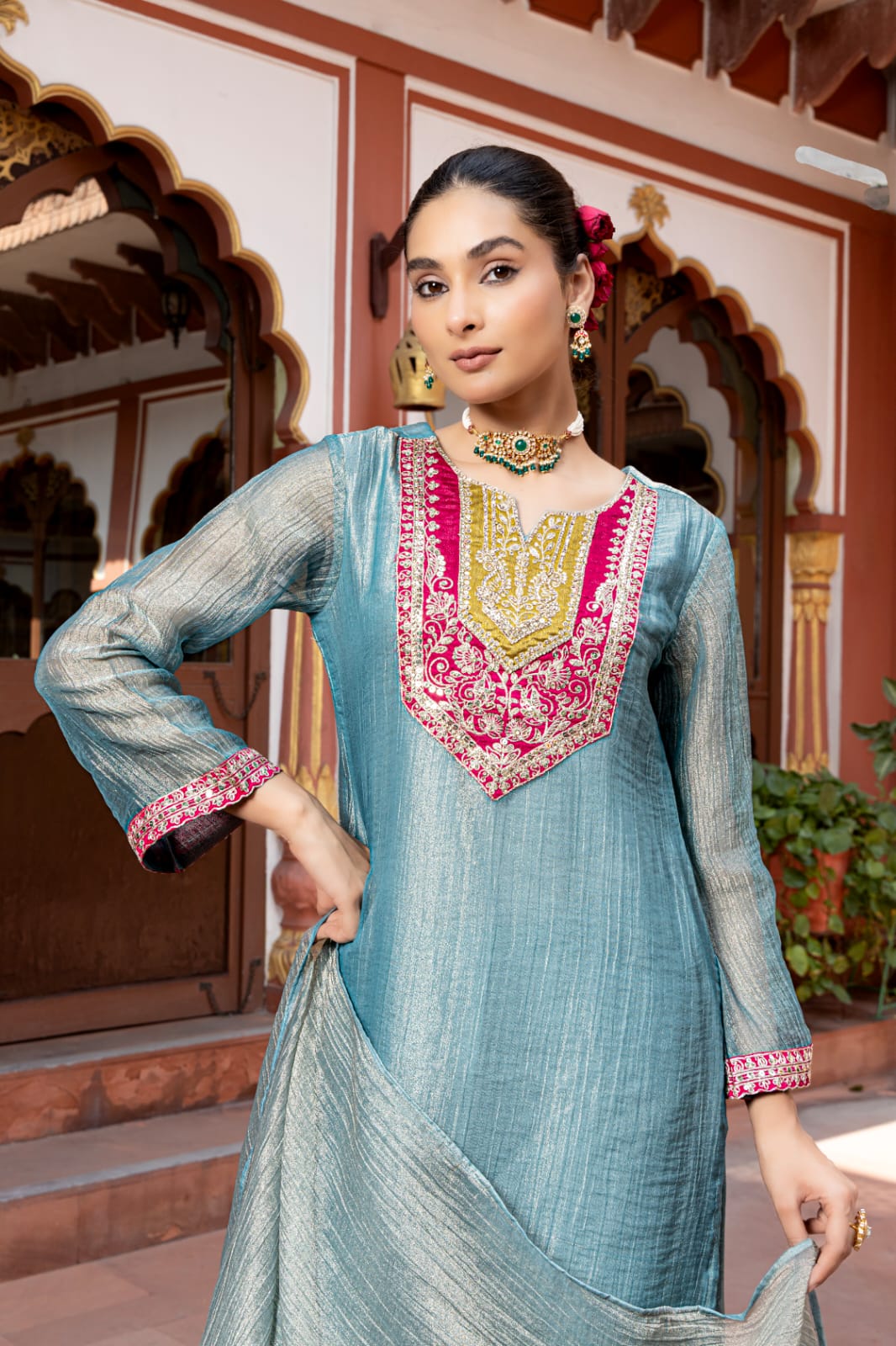 Sea Blue Embellished Tissue Silk Palazzo Set