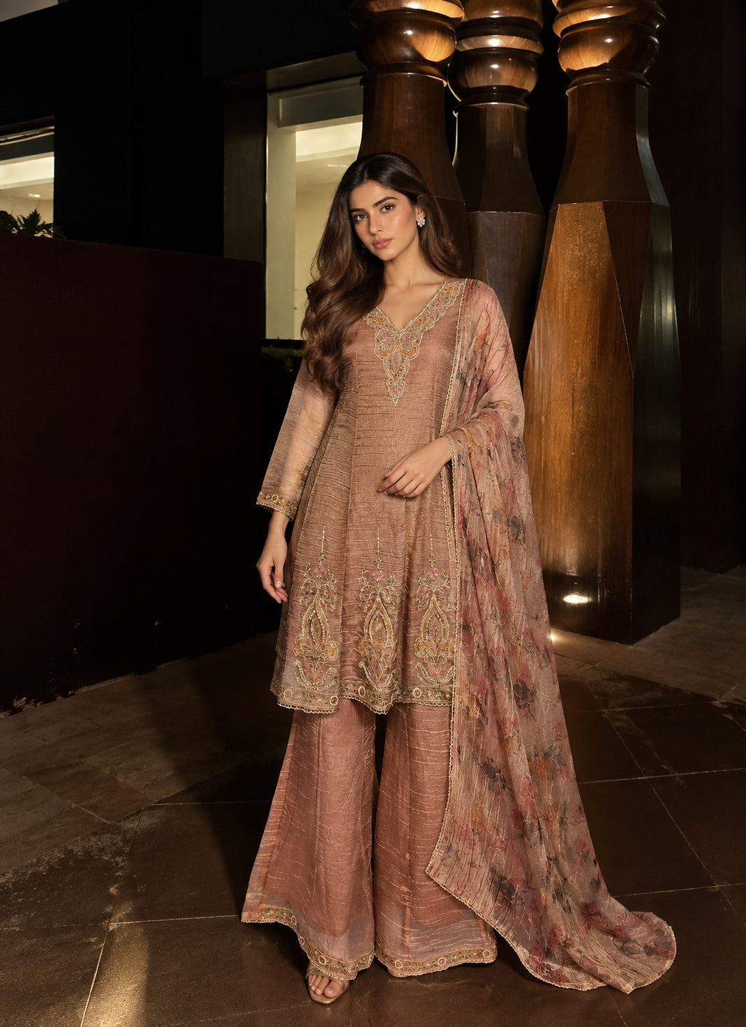 Rose Gold Embellished Shimmer Tissue Silk Anarkali Set
