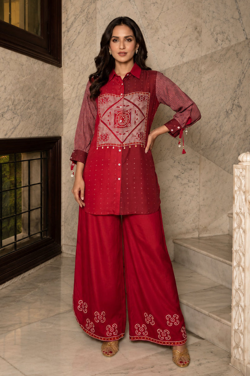Crimson Red Embellished Crepe Silk Co-ord Set