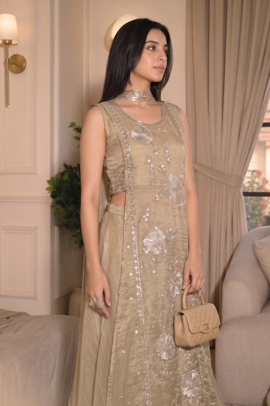 Champagne Gold Embellished Shimmer Tissue Silk Palazzzo Set