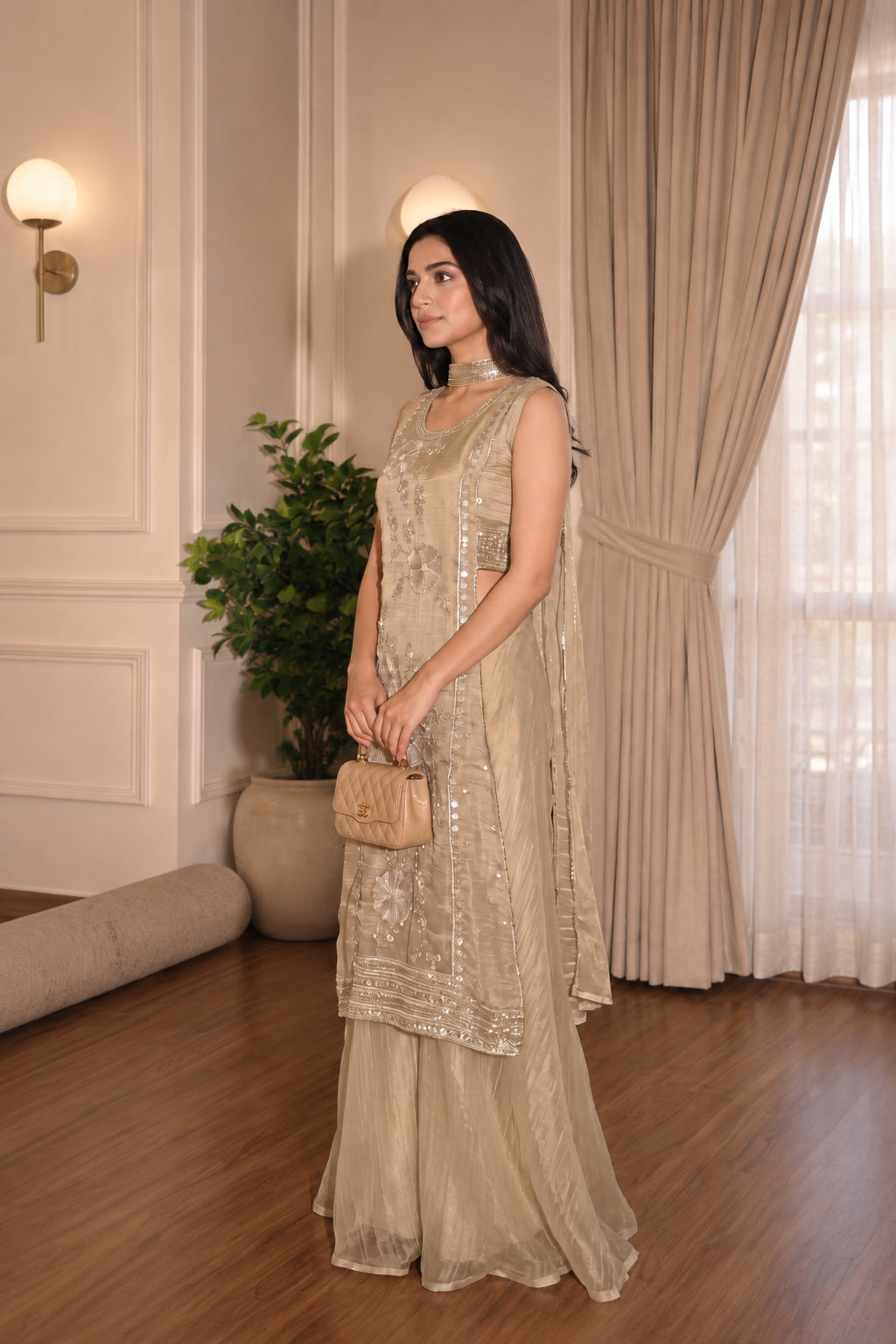 Champagne Gold Embellished Shimmer Tissue Silk Palazzzo Set