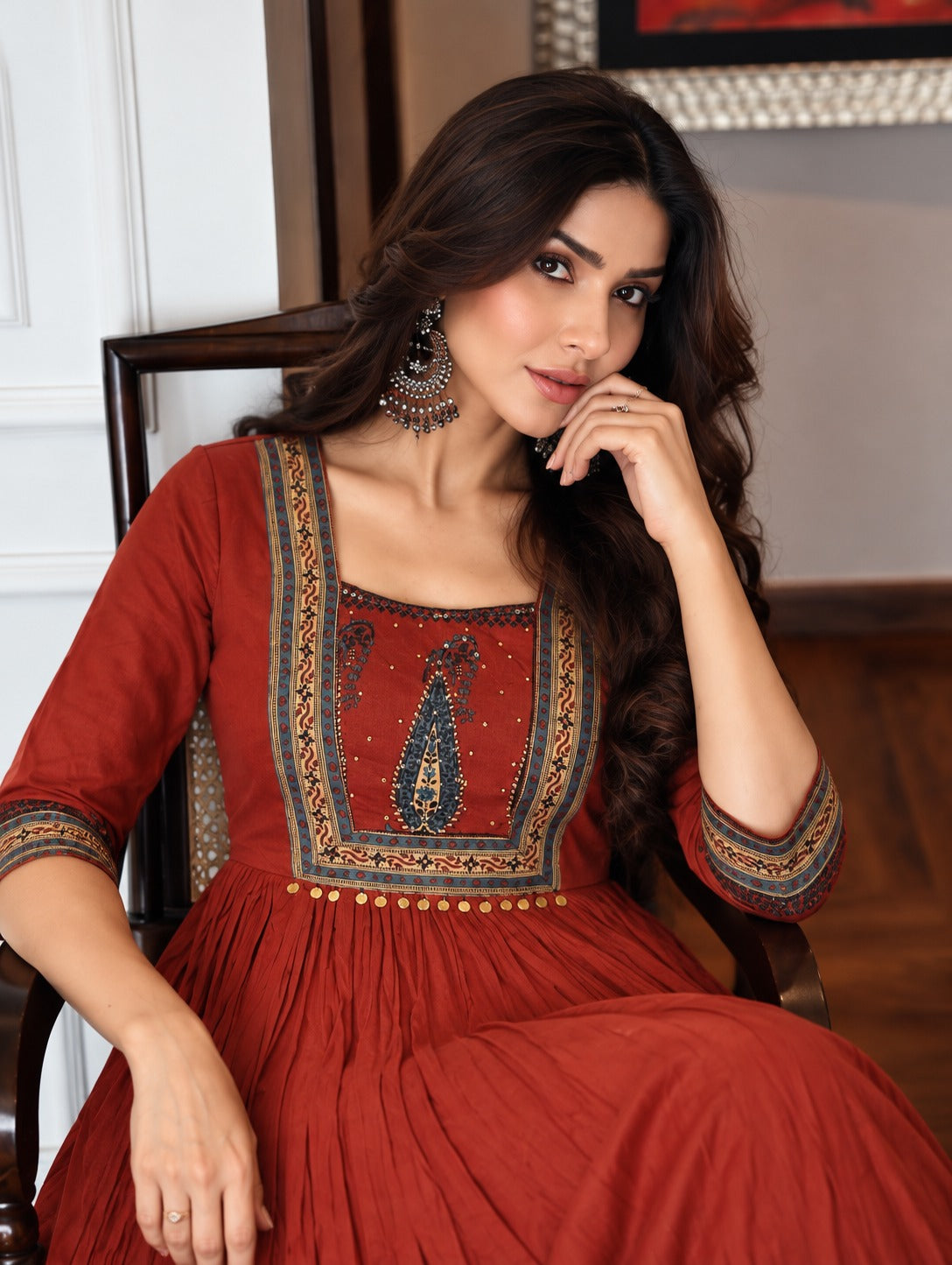 Rust Brick Embellished Mul Cotton Anarkali Set