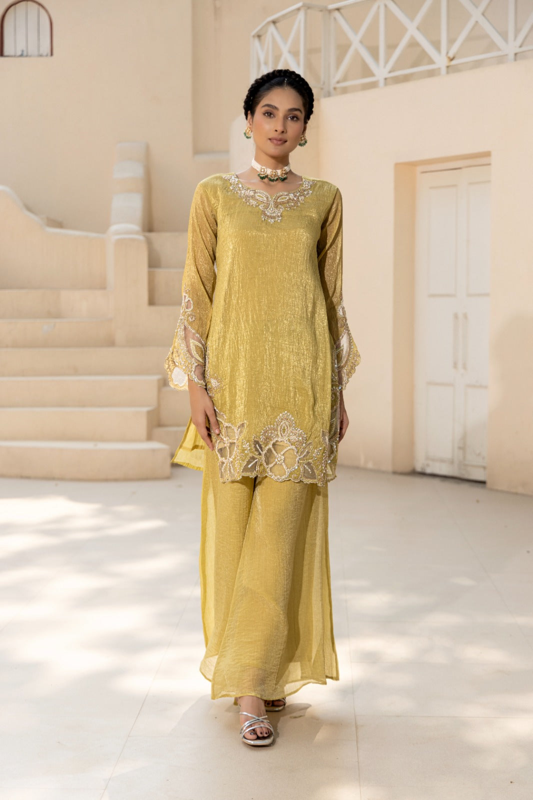 Pale Yellow  Embellished Tissue Silk Suit Set