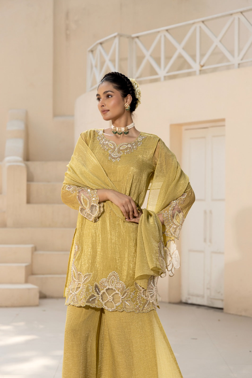 Pale Yellow  Embellished Tissue Silk Suit Set