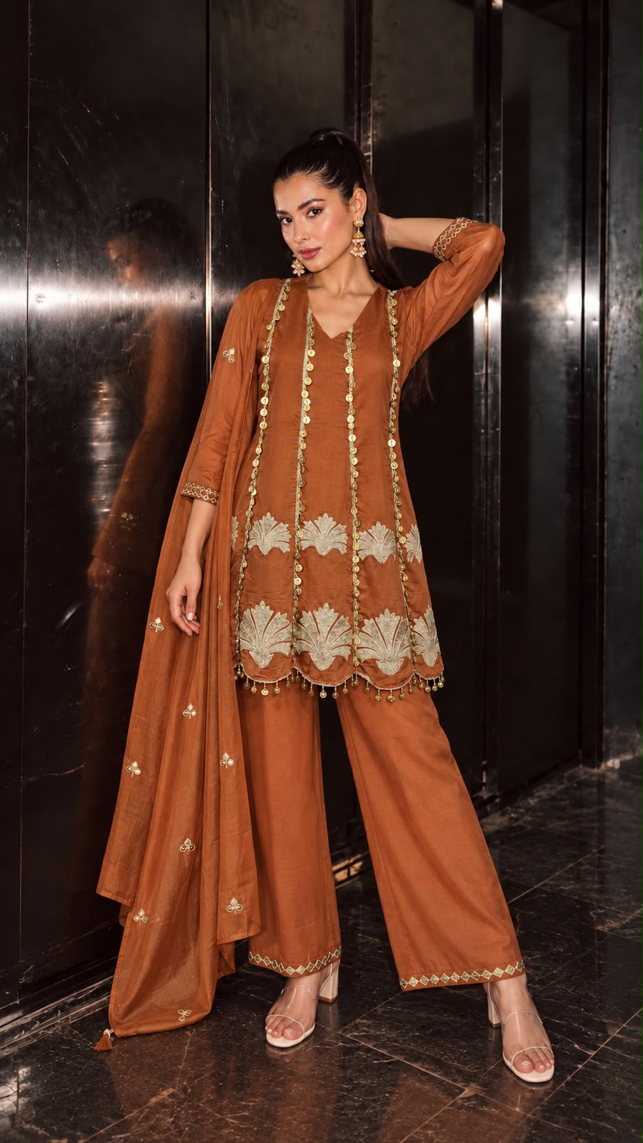 Burnt Rust Embellished Mul Chanderi Silk Anarkali Set