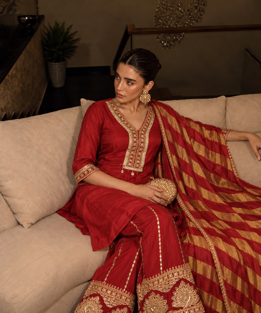 Royal Red Embellished Crepe Silk Palazzo Set