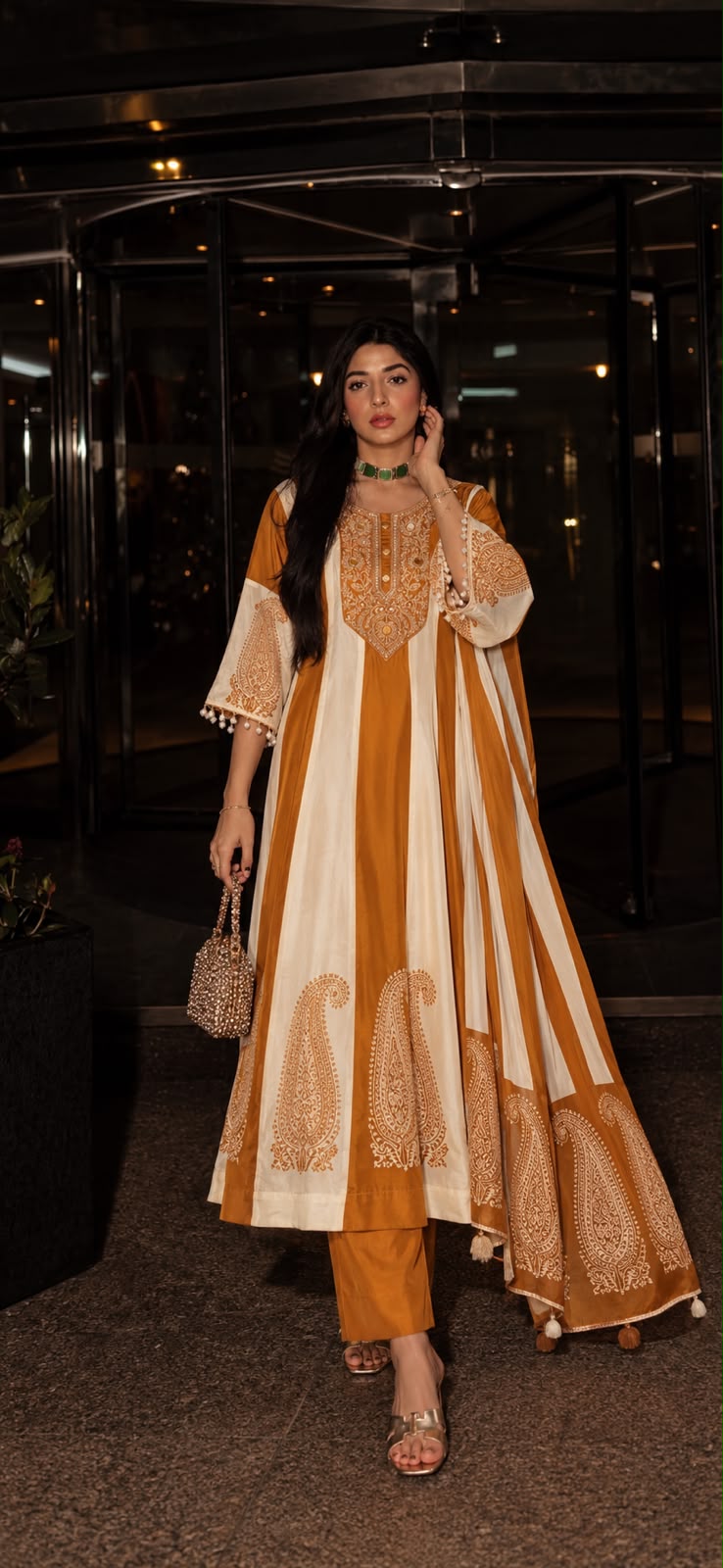 Mustard Yellow & Ivory Embellished Crepe Silk Anarkali Set