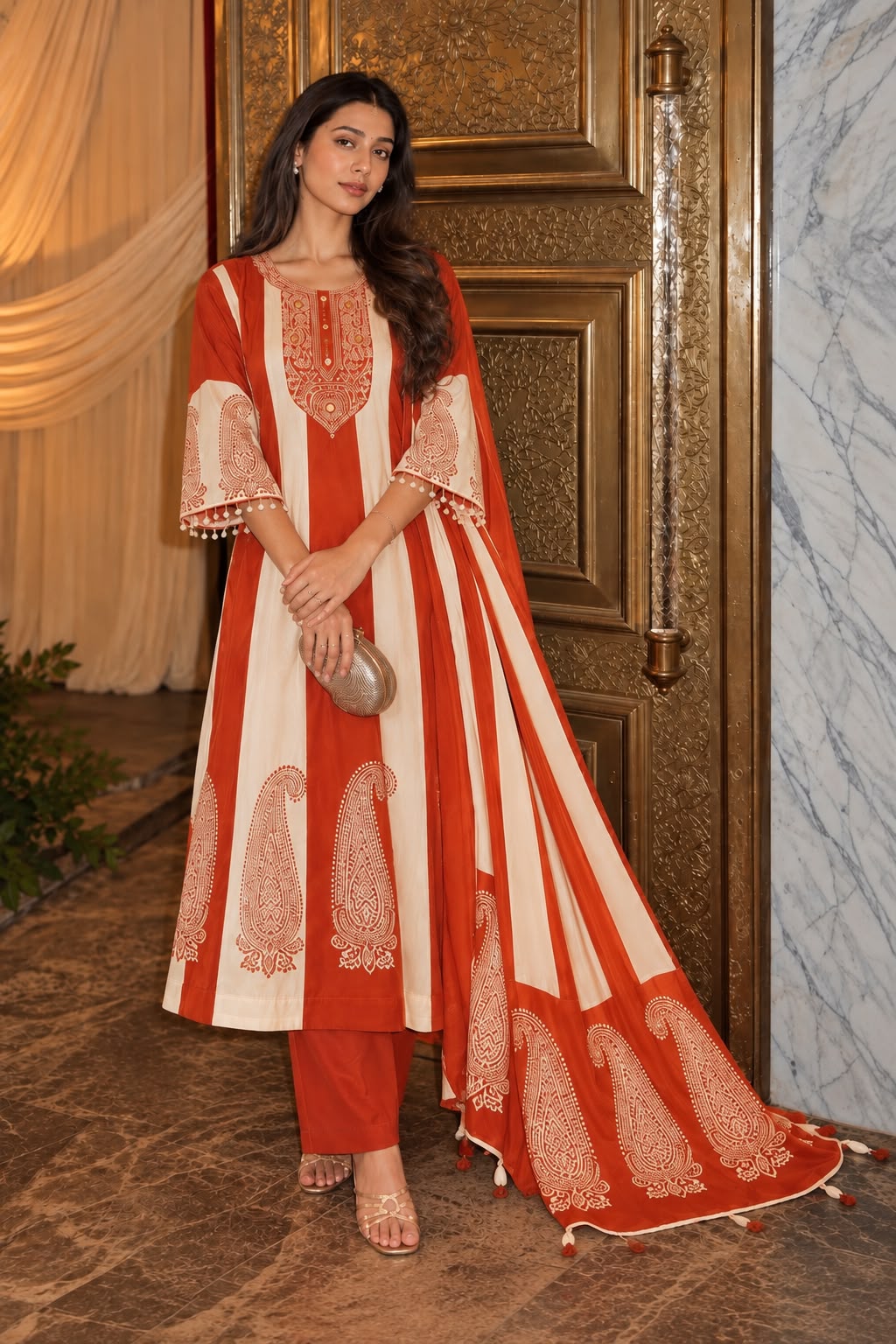 Rust Red & Off-White Ivory Embellished Crepe Silk Anarkali Set