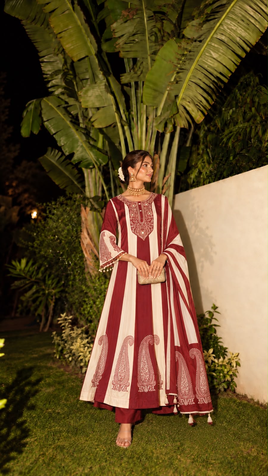Rich Maroon & Ivory Embellished Crepe Silk Anarkali Set