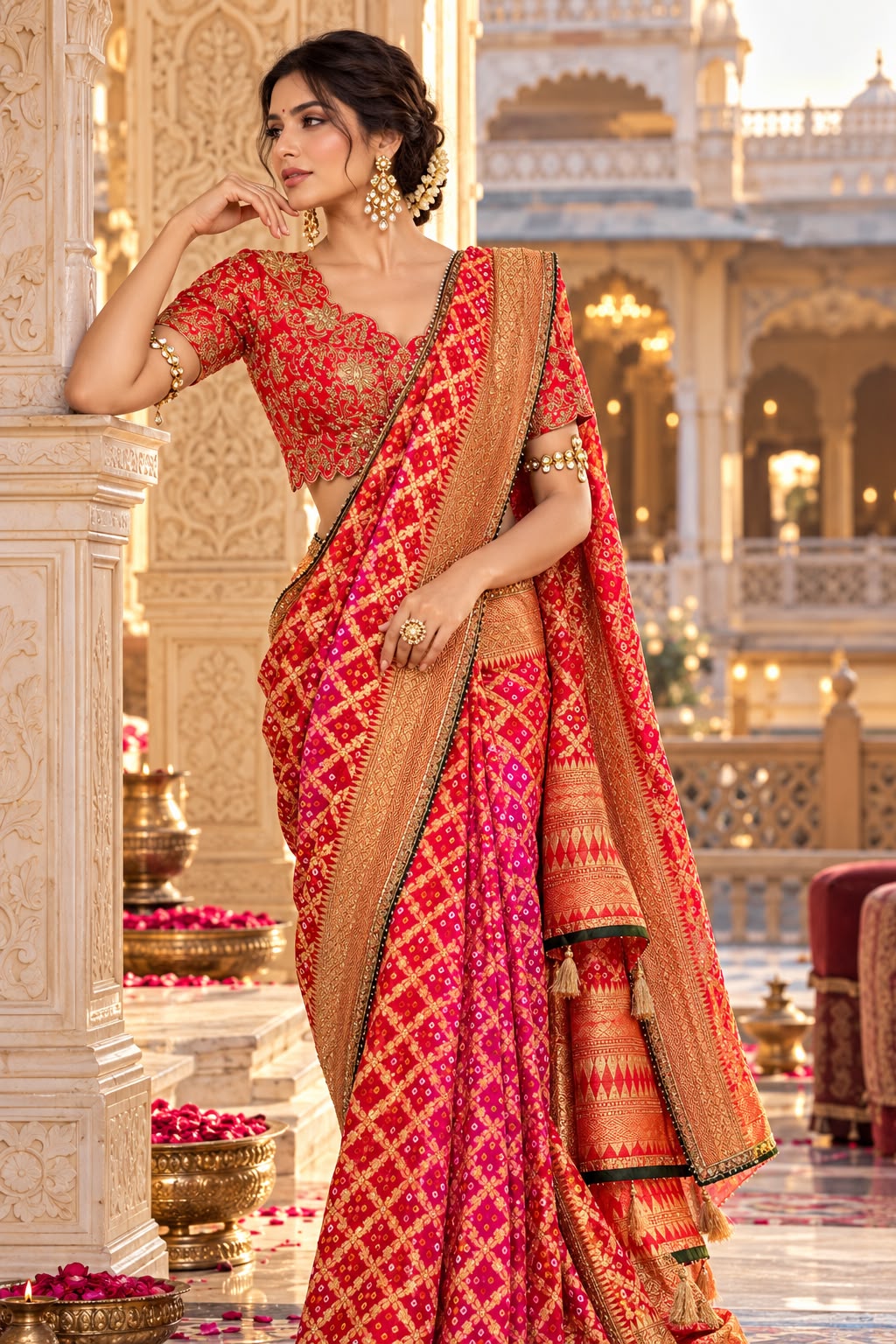 Red and Rani Pink Bandhej Zari Premium Silk Saree