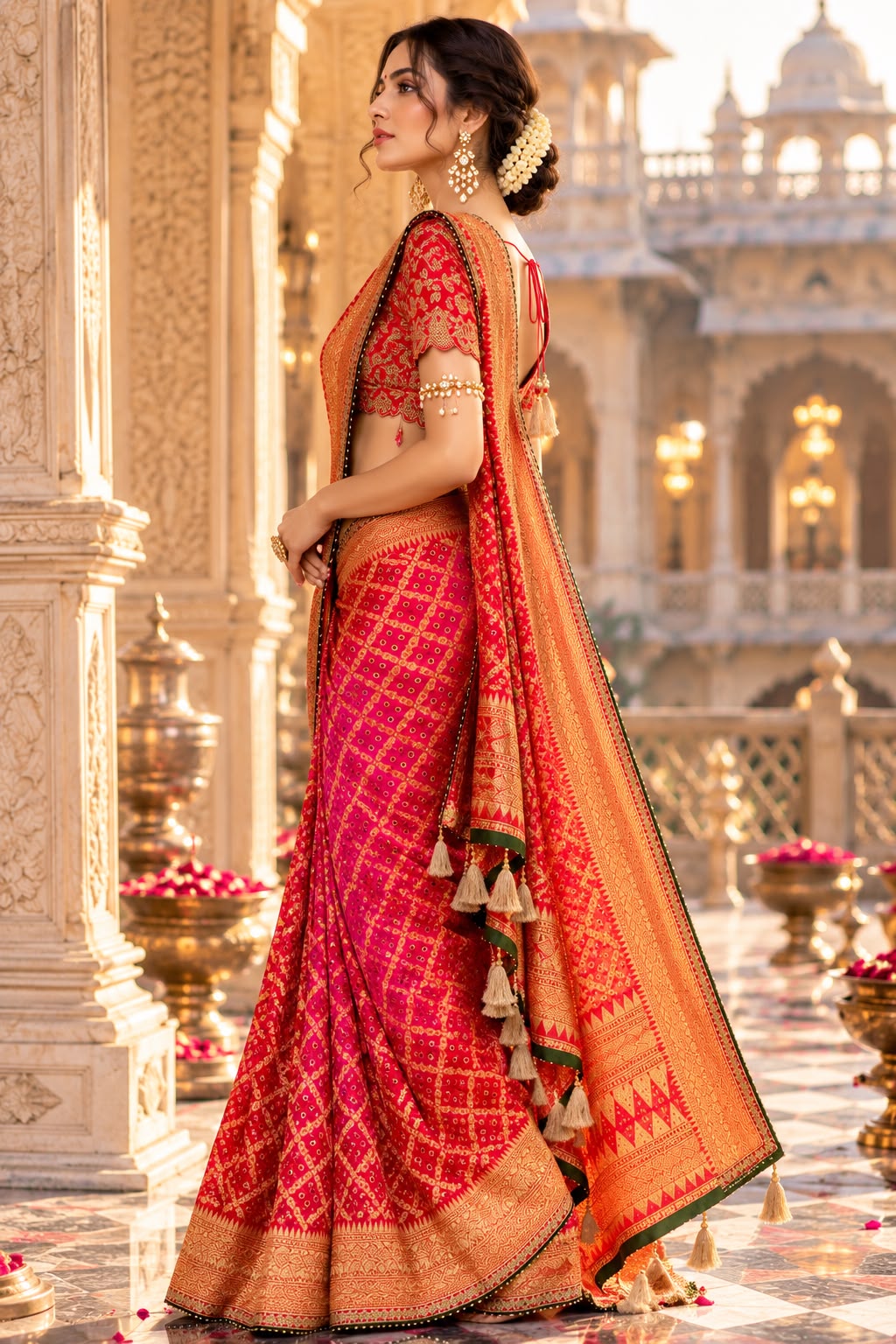 Red and Rani Pink Bandhej Zari Premium Silk Saree