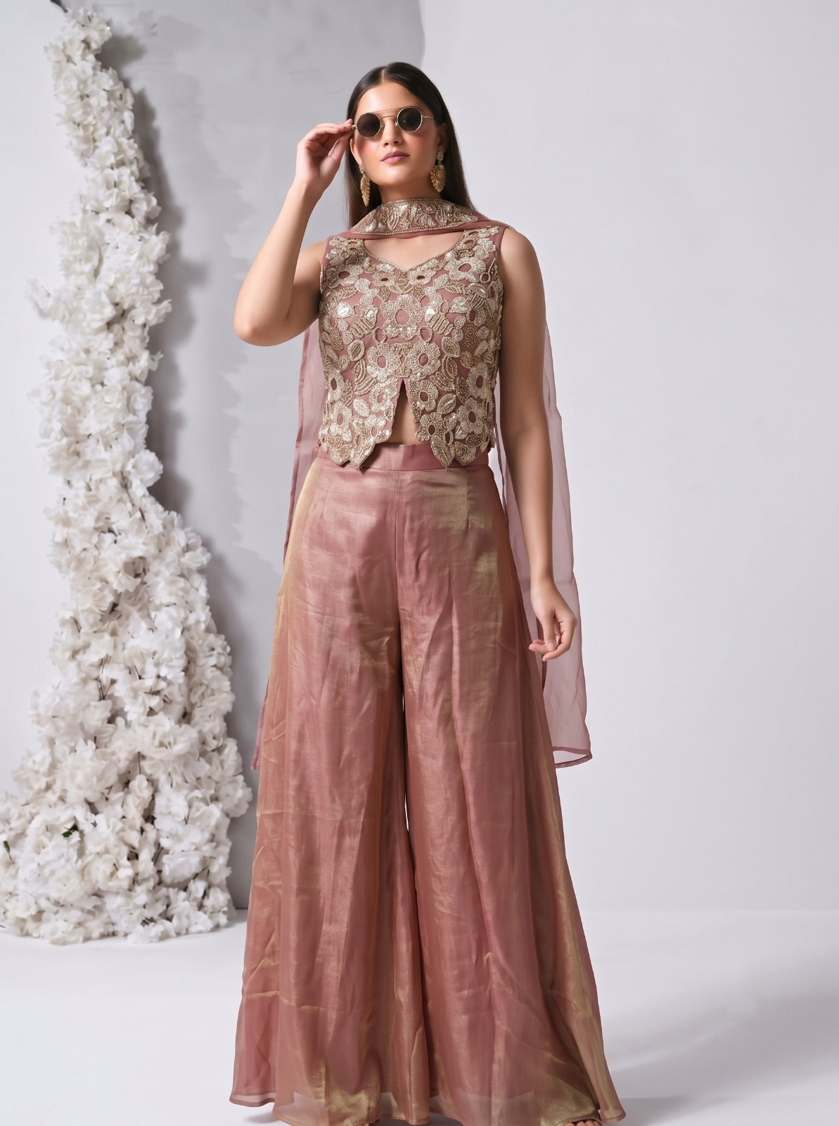 Rose Pink Embellished Shimmer Organza Silk Palazzo Set
