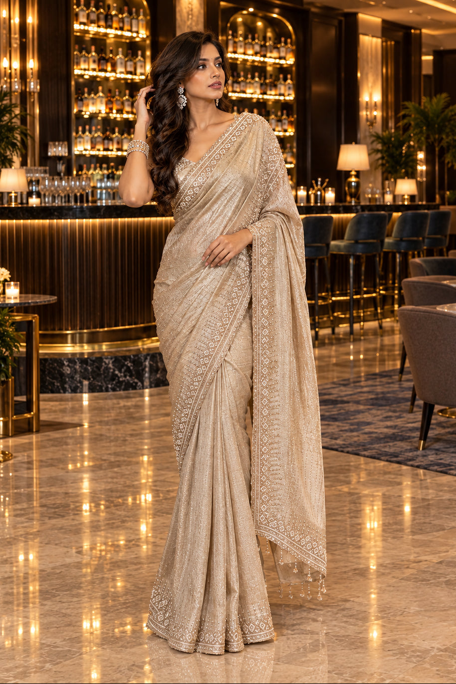 Champagne Gold Embellished Tissue Silk Saree
