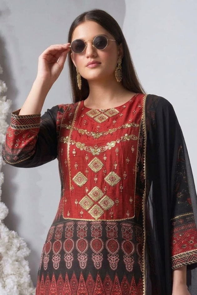 Red & Black Embellished Crepe Silk Palazzo Set