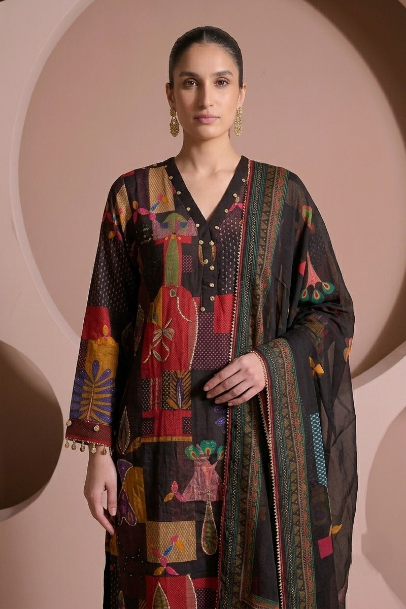 Dark Brown Embellished Crepe Silk Palazzo Set