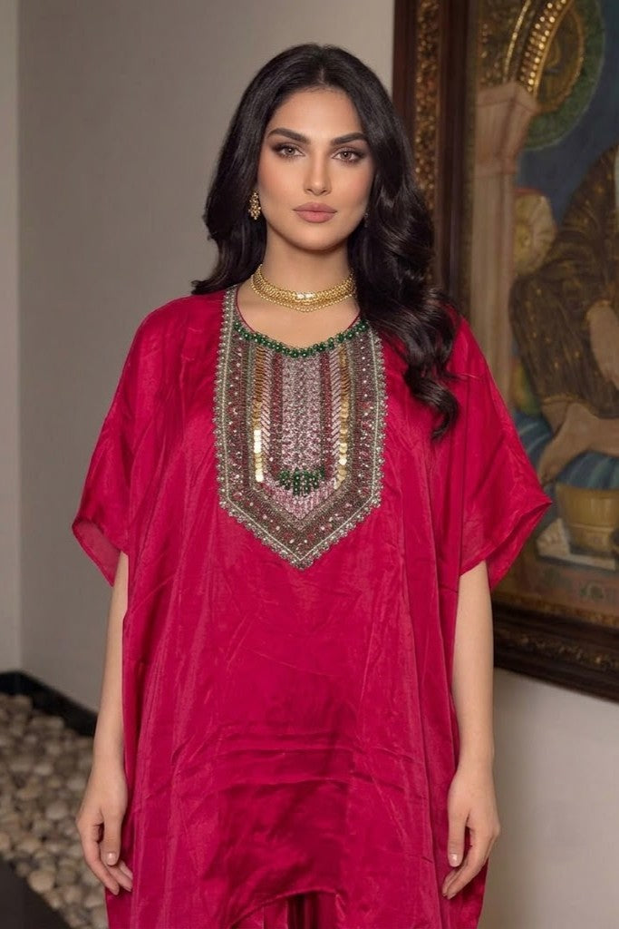 Hot Pink Embellished Crepe Silk Kaftan Set