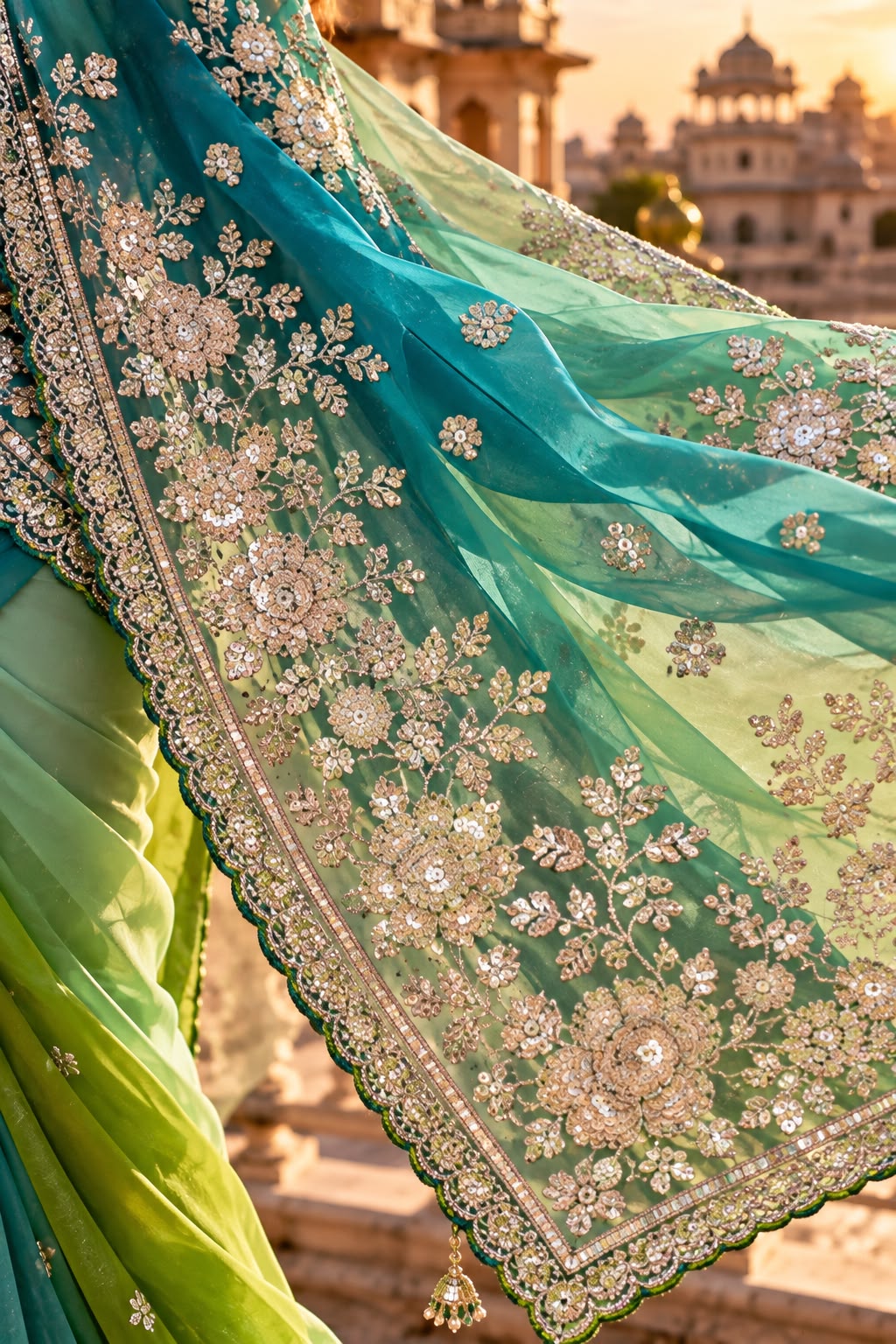 Teal and Lime Ombre Embroidered Organza Silk Saree