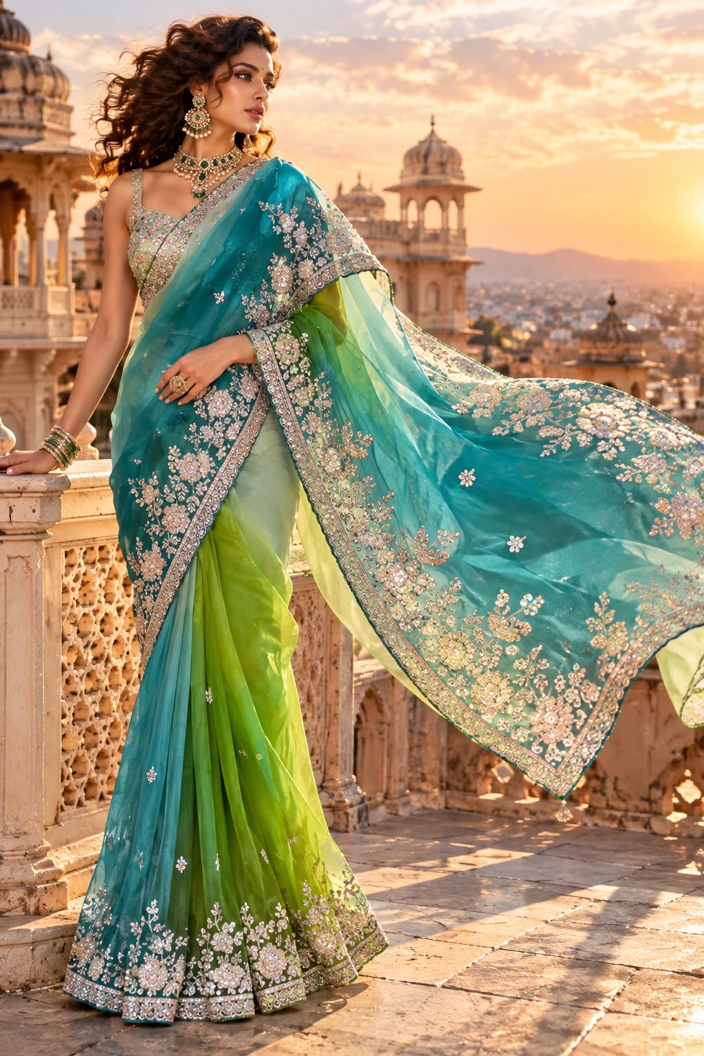 Teal and Lime Ombre Embroidered Organza Silk Saree