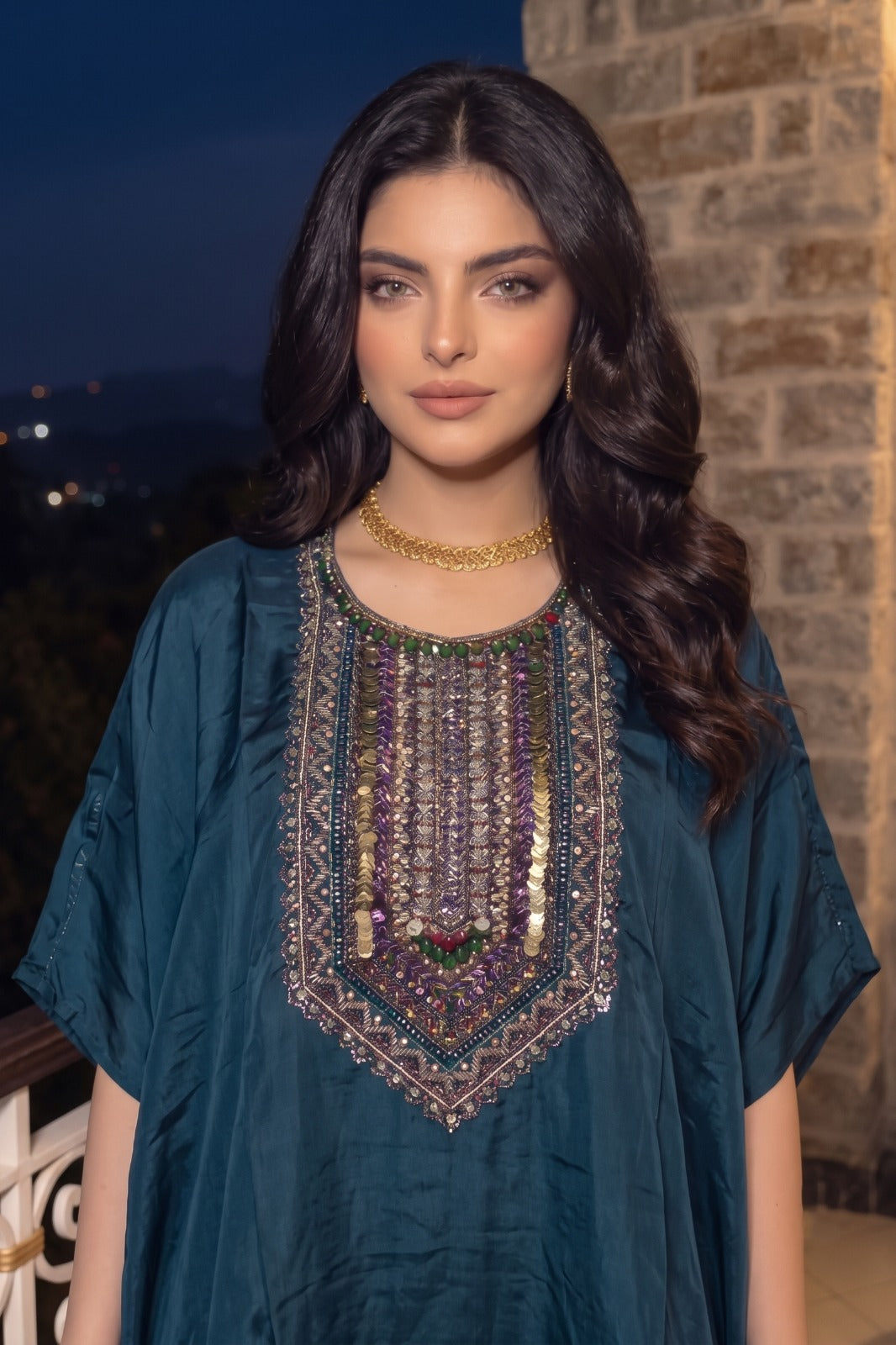 Teal Blue Embellished Crepe Silk Kaftan Set