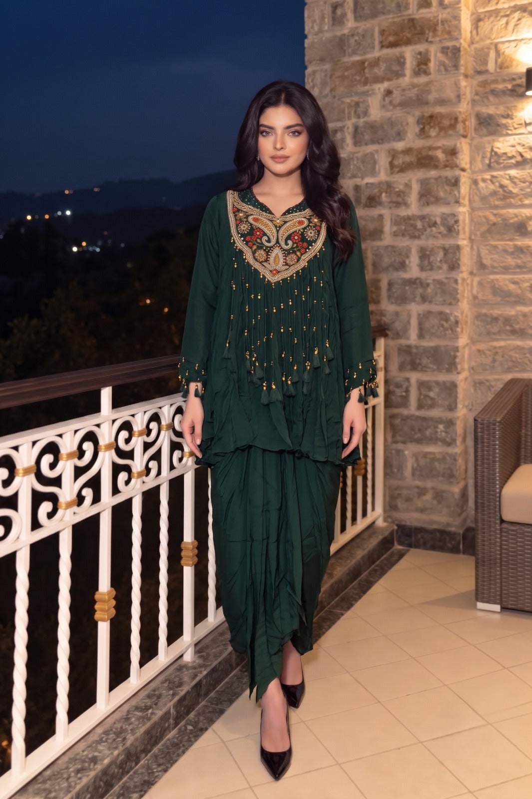 Emerald Green Embellished Chinon Silk Dhoti Set