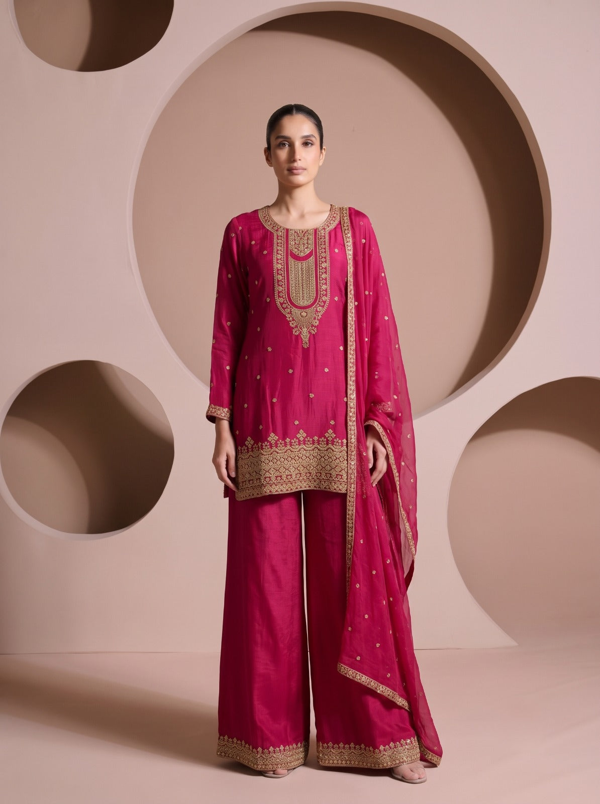 Magenta Embellished Crepe Silk Palazzo Set
