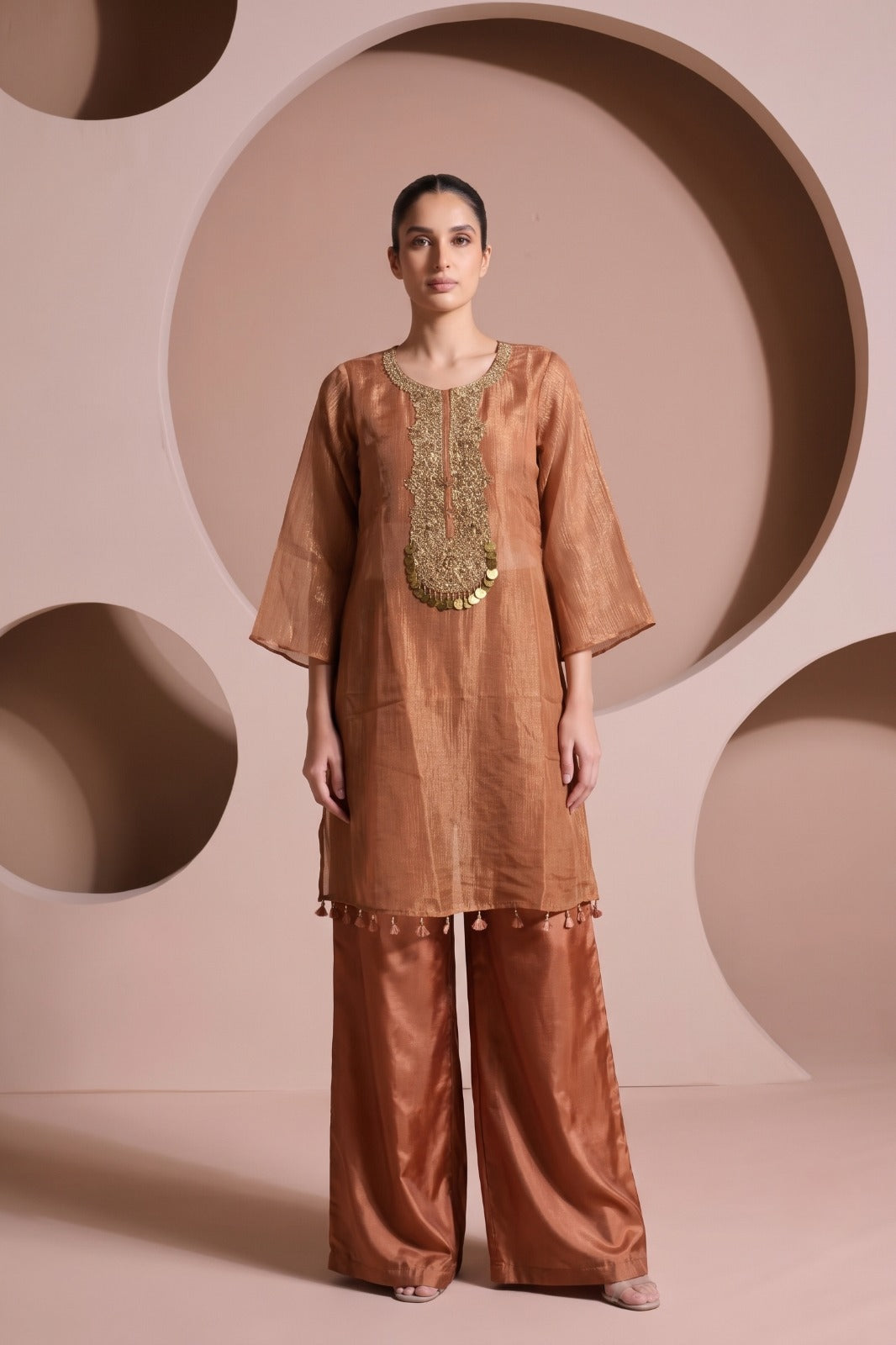 Peach Gold Embellished Shimmer Tissue Silk Co-Ord Set