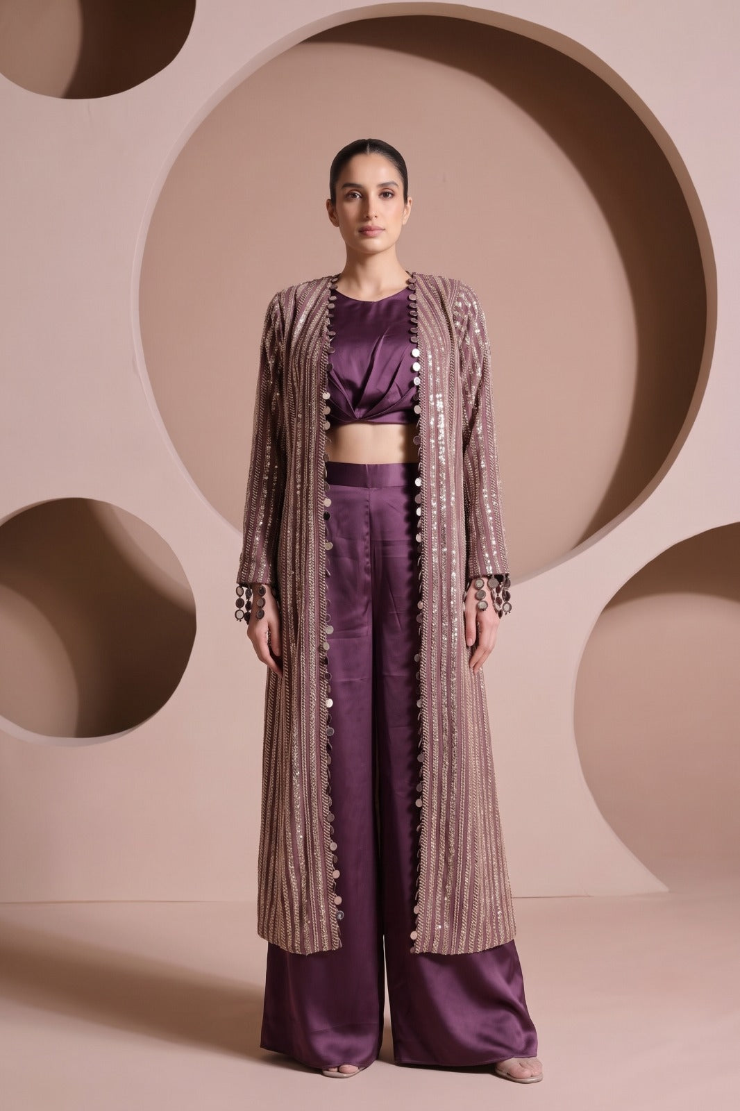 Muted Purple Embellished Satin Silk Palazzo Set