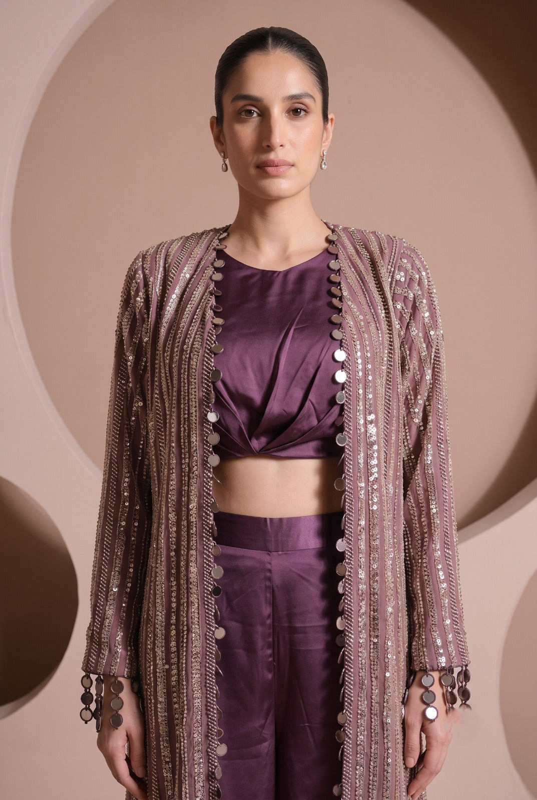 Muted Purple Embellished Satin Silk Palazzo Set