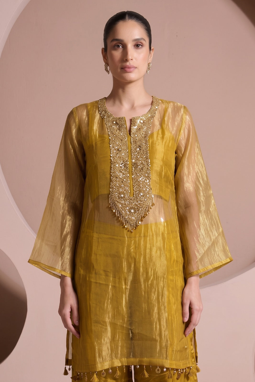 Mustard Golden Embellished Shimmer Tissue Silk Co-Ord Set