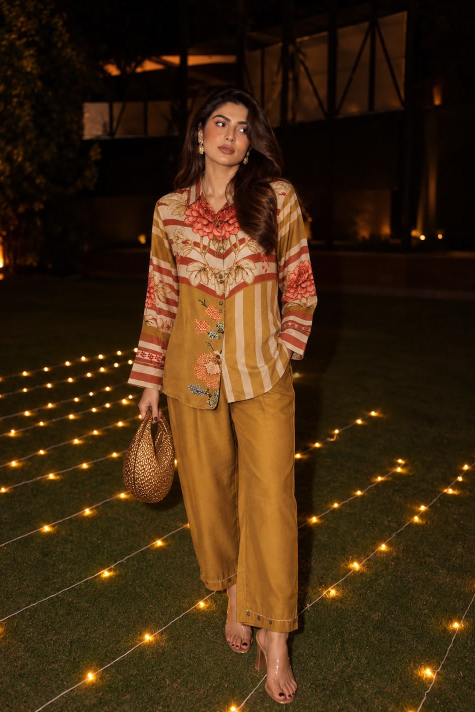 Antique Mustard Printed Pure Crepe Silk Co-Ord Set