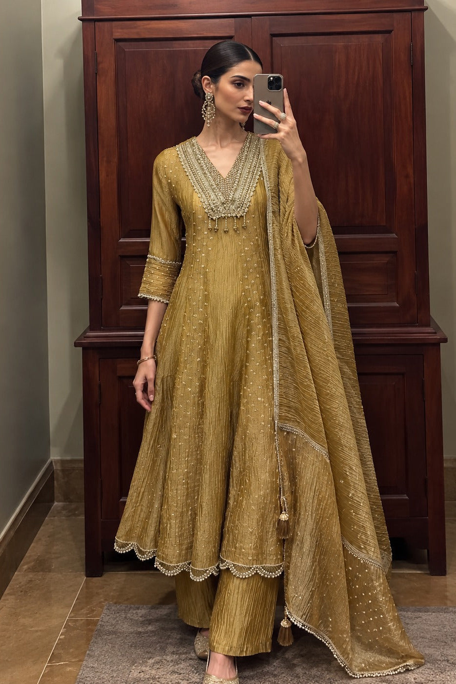 Muted Gold Embellished Pure Tissue Silk Anarkali Set