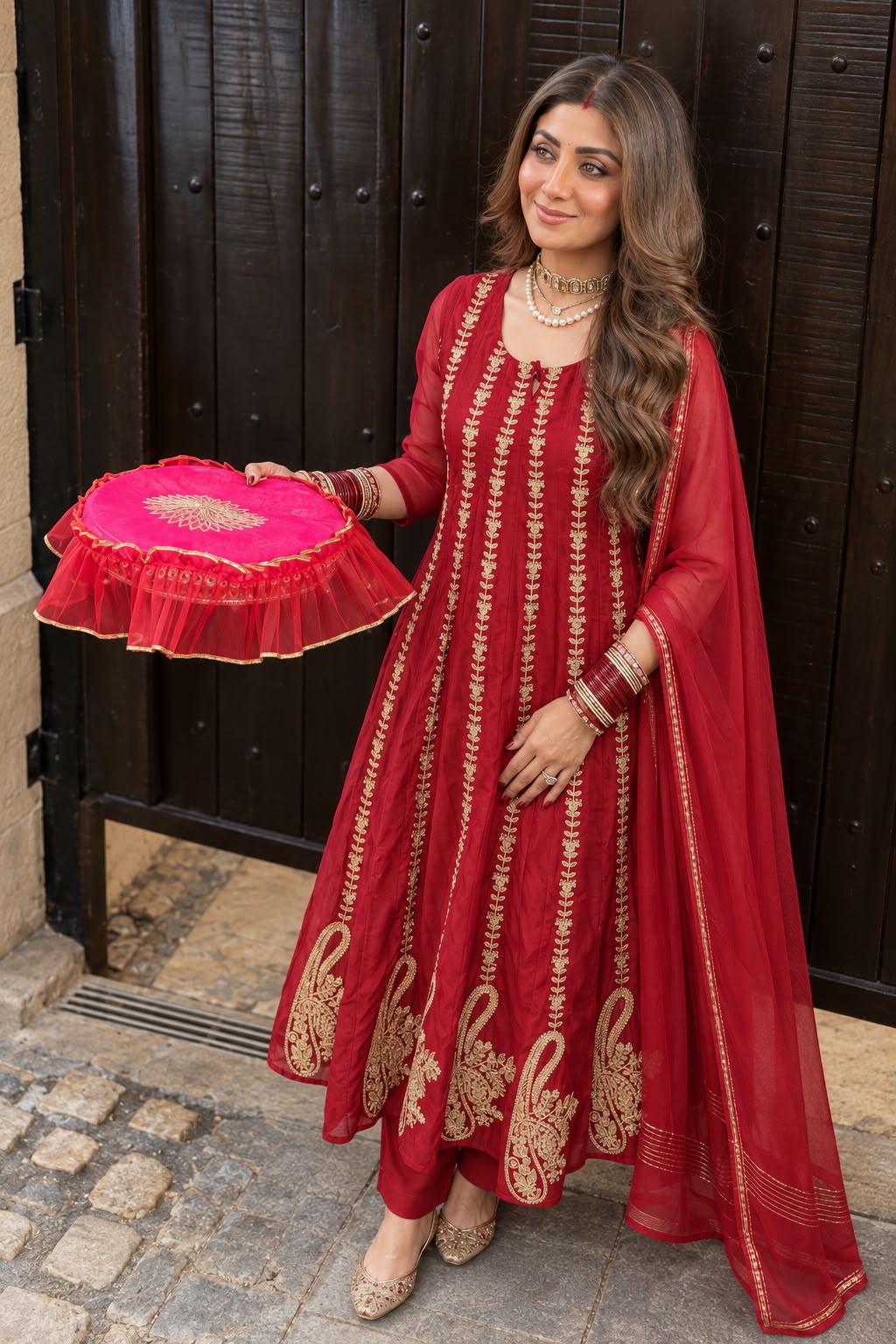 Blood Red Embellished Mul Chanderi Silk Anarkali Set
