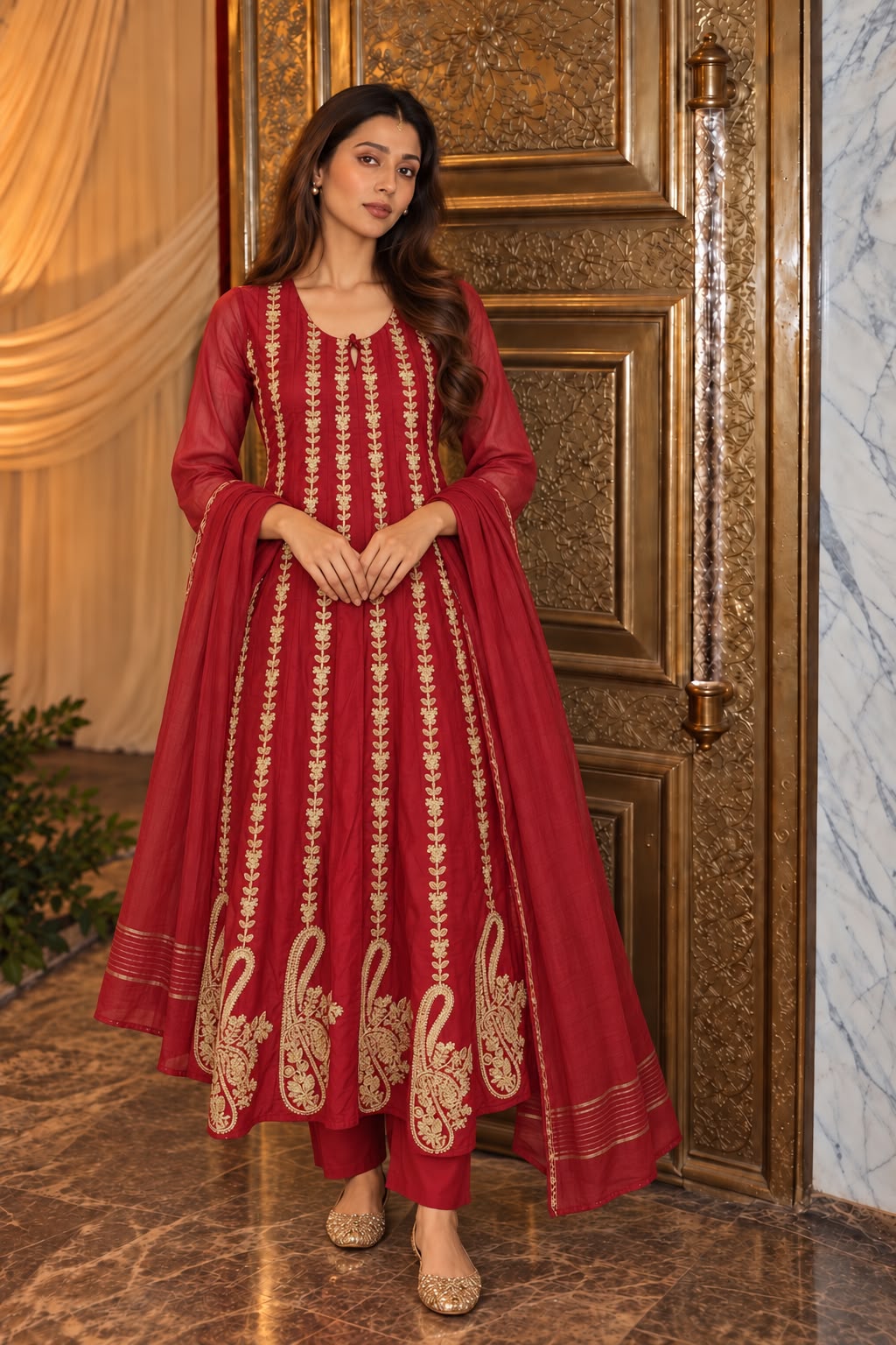 Blood Red Embellished Mul Chanderi Silk Anarkali Set