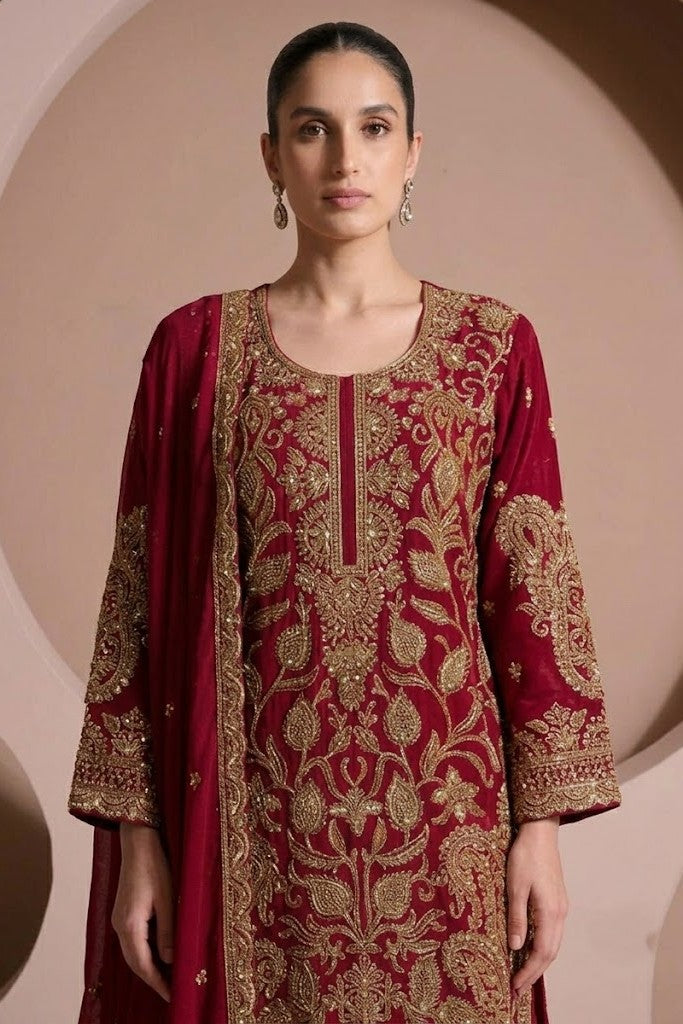 Deep Magenta Maroon Embellished Chinon Silk Palazzo Set