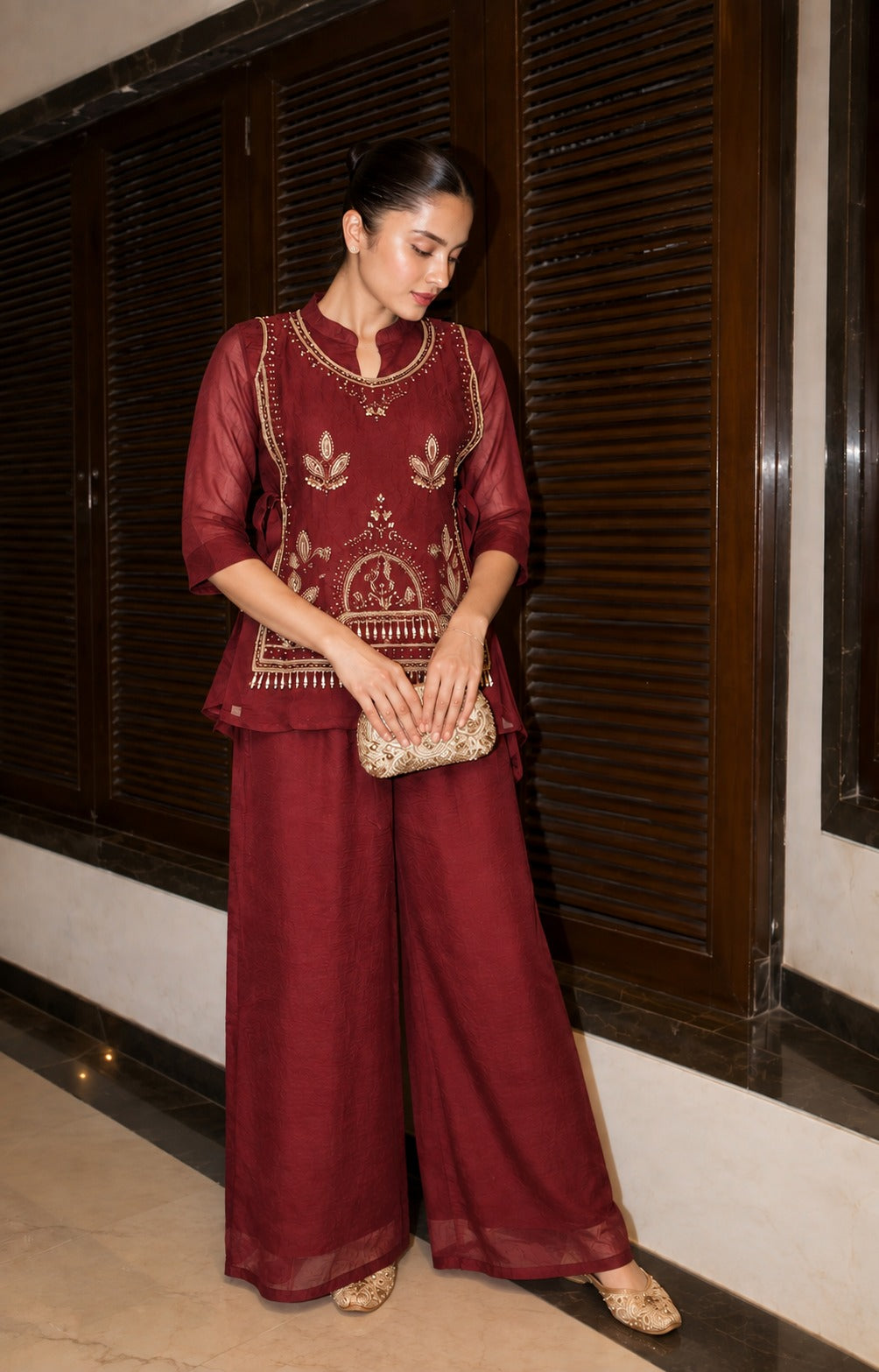Deep Maroon Embellished Crushed Silk Co-Ord Set