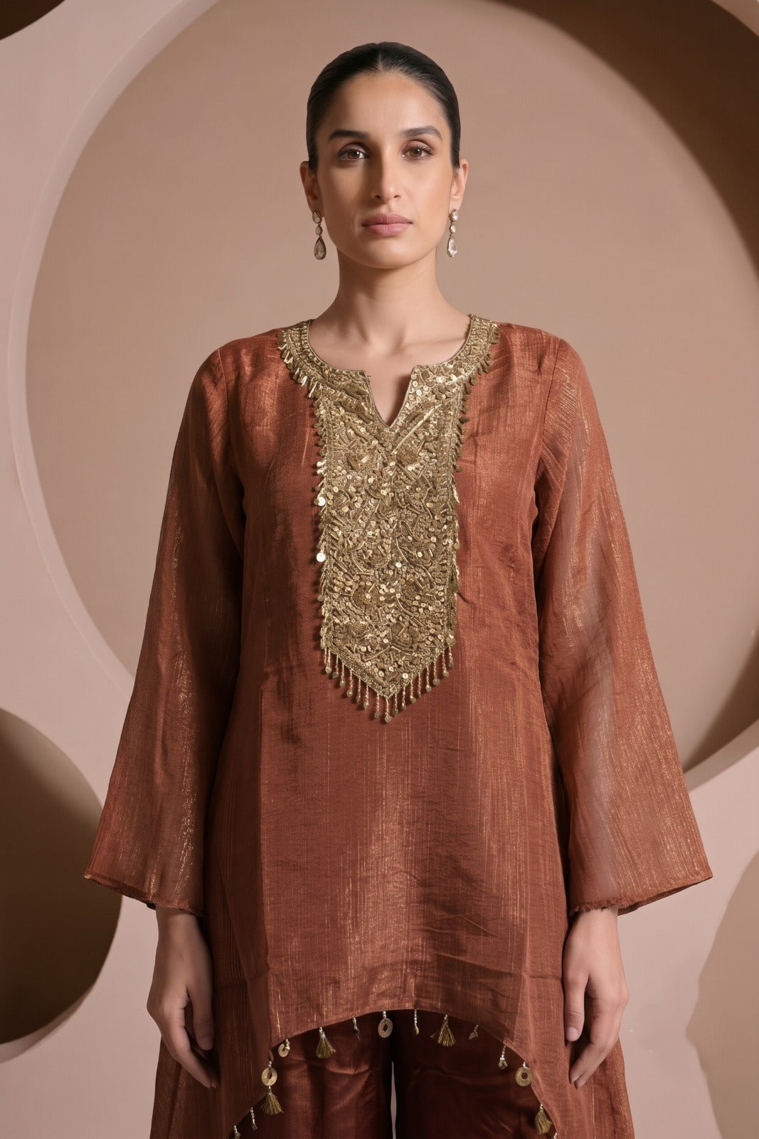 Rust Copper Embellished Tissue Silk Co-Ord Set