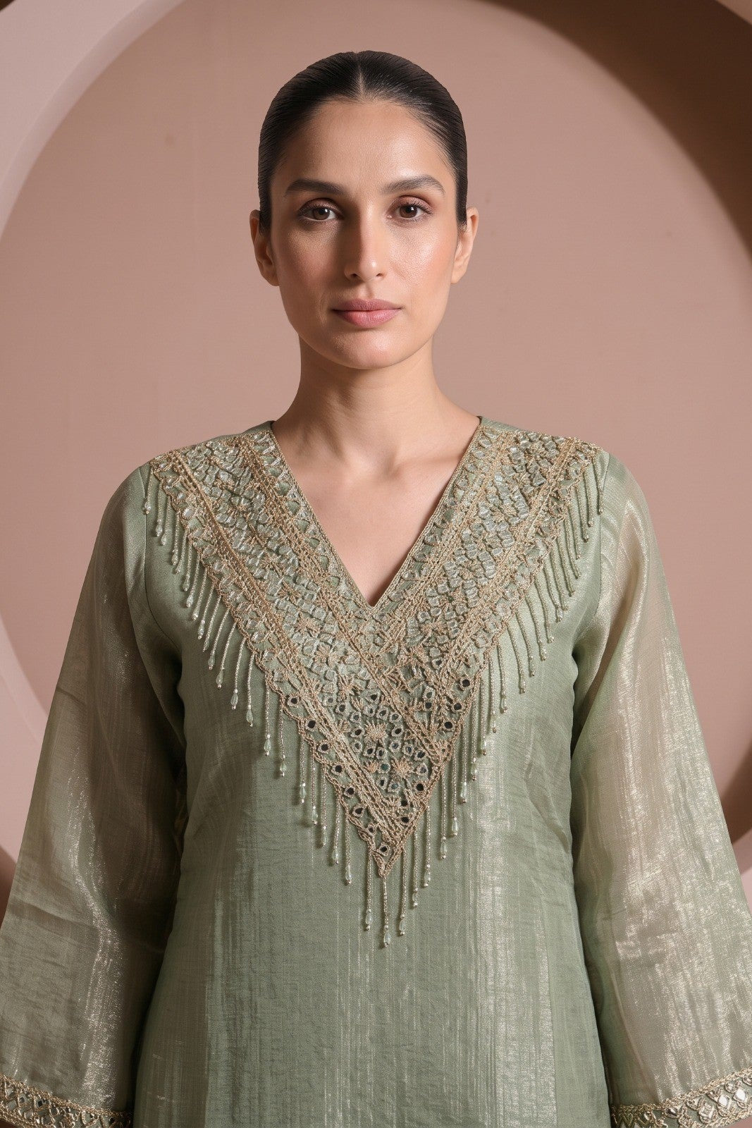 Sage Green Embellished Shimmer Crushed Silk Palazzo Set